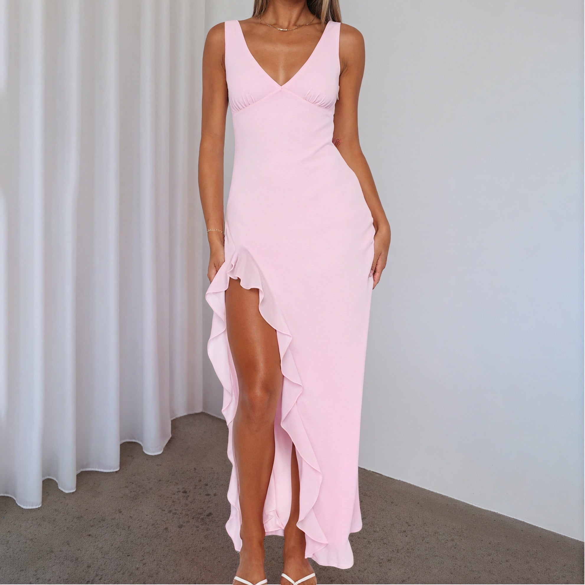 Women's Maxi Dress V-Neck High Slit Ruffle Sleeveless Silk Blend Yellow Pink Orange-83177-6f4ceff7-10a5-4dd7-8ec0-3681f032fc12