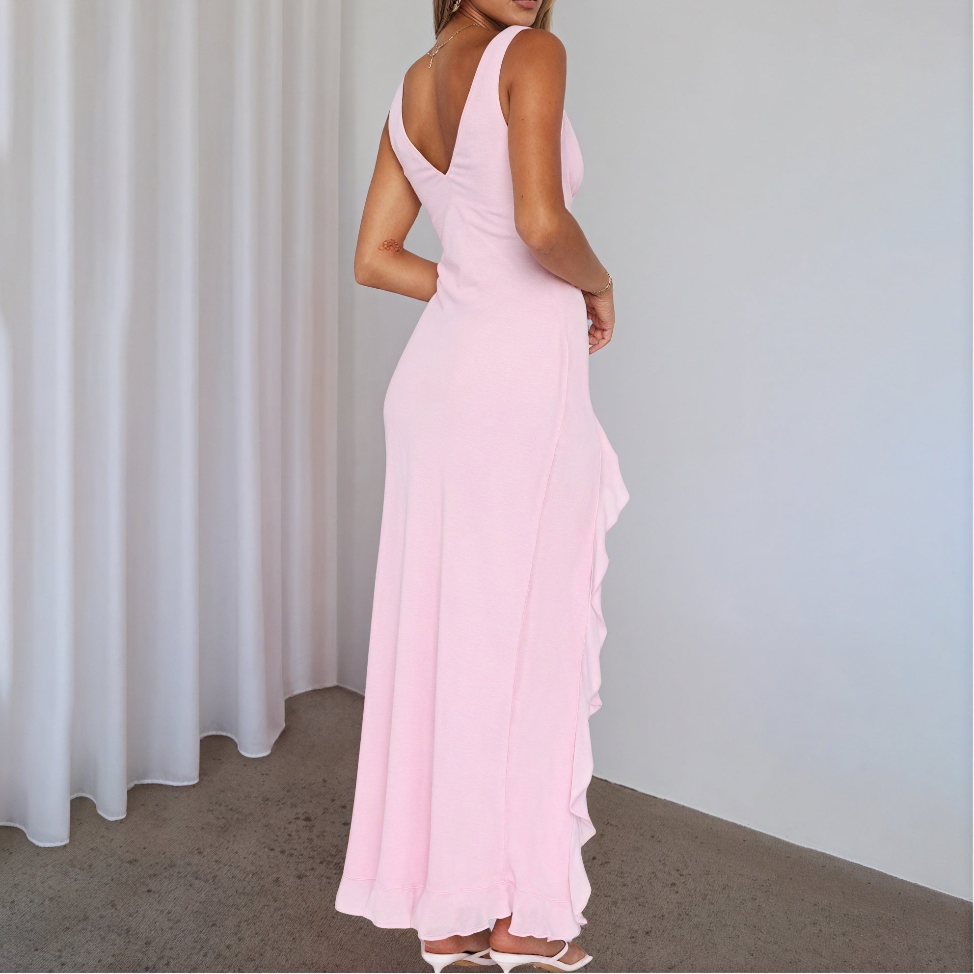Women's Maxi Dress V-Neck High Slit Ruffle Sleeveless Silk Blend Yellow Pink Orange-83177-75d340a3-8a72-4957-8535-c651739cef88