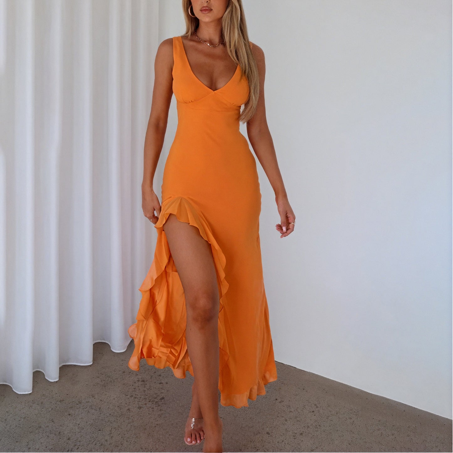 Women's Maxi Dress V-Neck High Slit Ruffle Sleeveless Silk Blend Yellow Pink Orange-83177-beee85e8-b9a9-48e3-8ed0-7285b66b2952