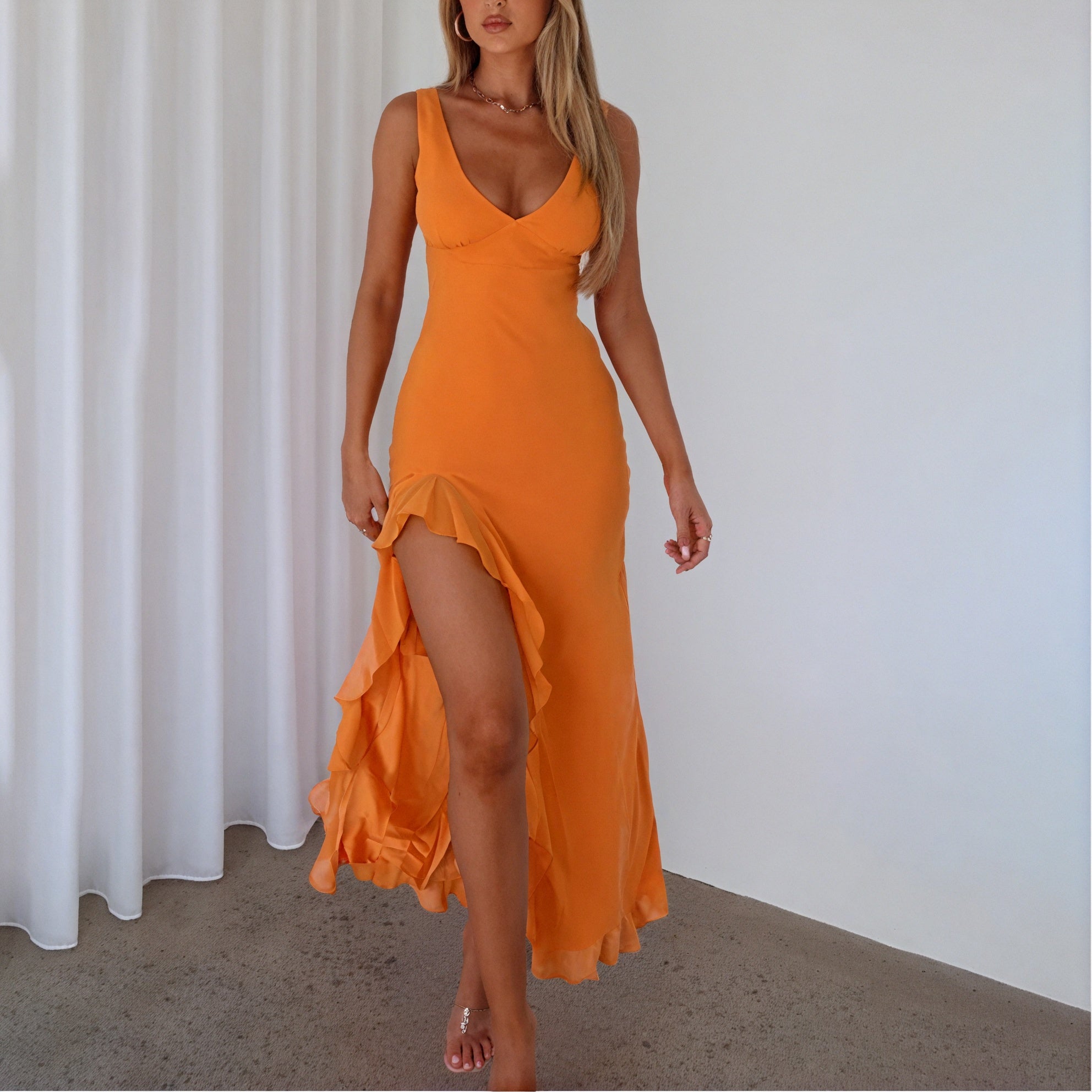 Women's Maxi Dress V-Neck High Slit Ruffle Sleeveless Silk Blend Yellow Pink Orange-83177-beee85e8-b9a9-48e3-8ed0-7285b66b2952