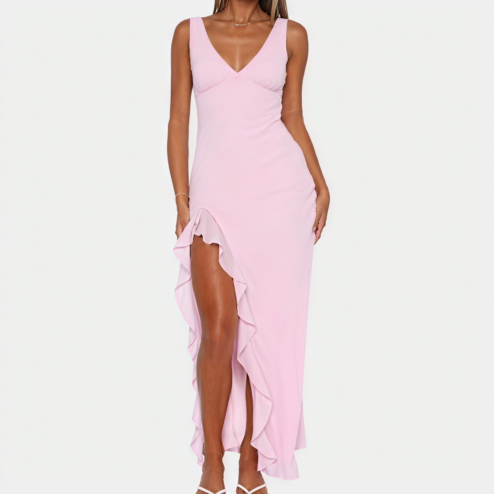 Women's Maxi Dress V-Neck High Slit Ruffle Sleeveless Silk Blend Yellow Pink Orange-83177-02588445-b69b-4595-aed0-9713941877dc