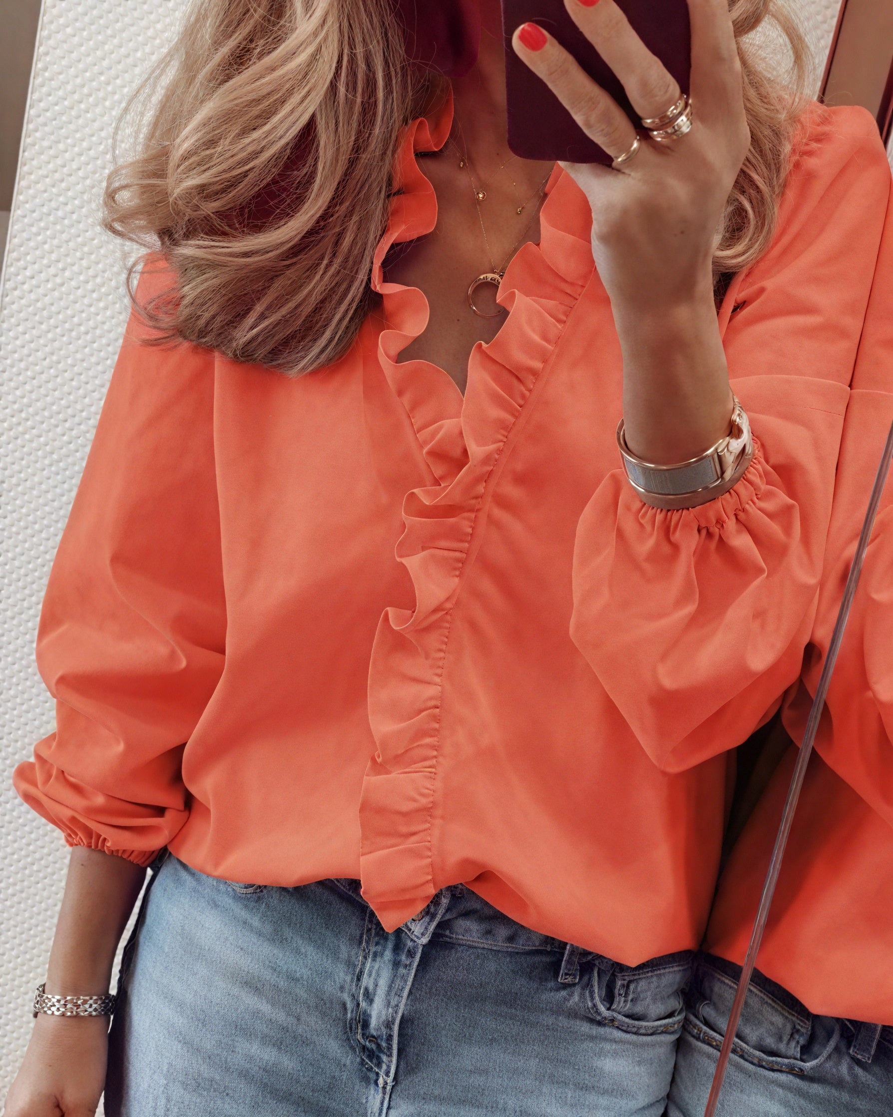 Women's Ruffled V-Neck Blouse – Balloon Sleeves, Lightweight Fabric-83185-bc3e5e1a-c252-4fbe-9deb-ac31f3ebc5e0