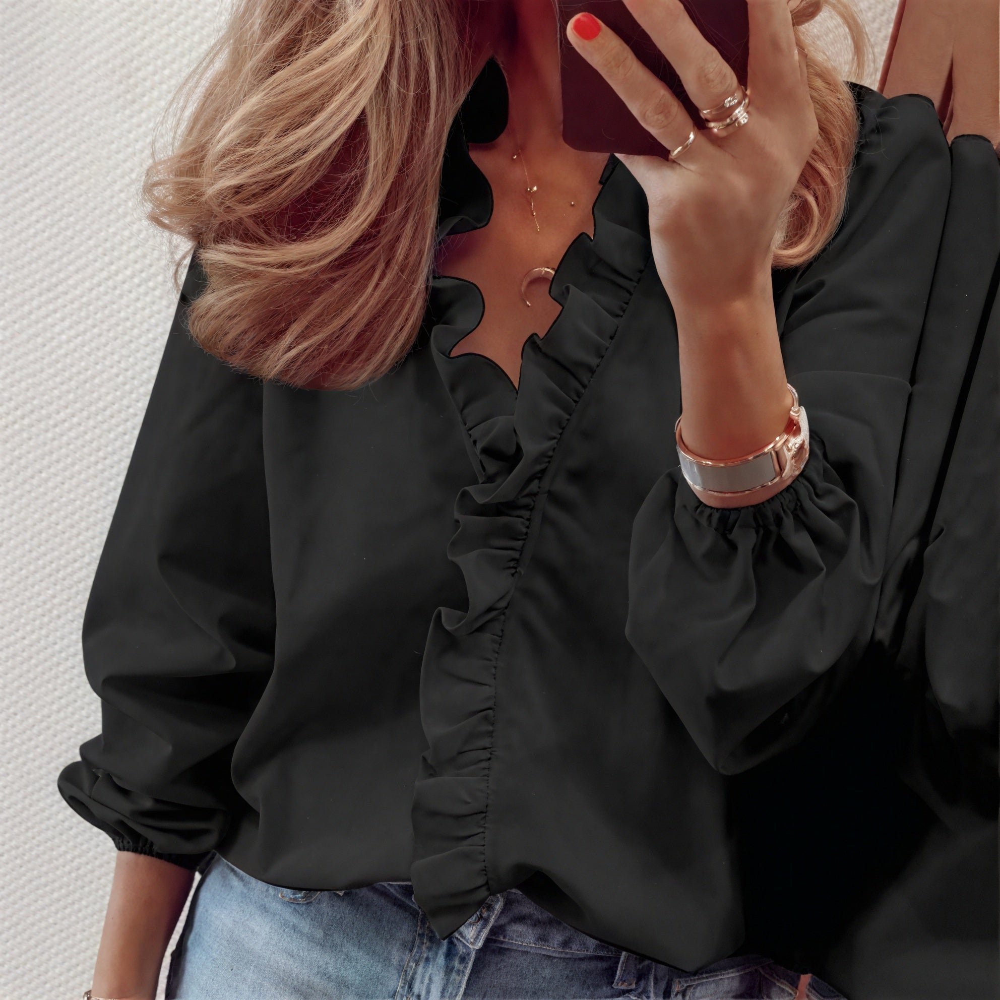 Women's Ruffled V-Neck Blouse – Balloon Sleeves, Lightweight Fabric-83185-a0a1c5cb-1717-4f56-bddc-84d03f1c9fde