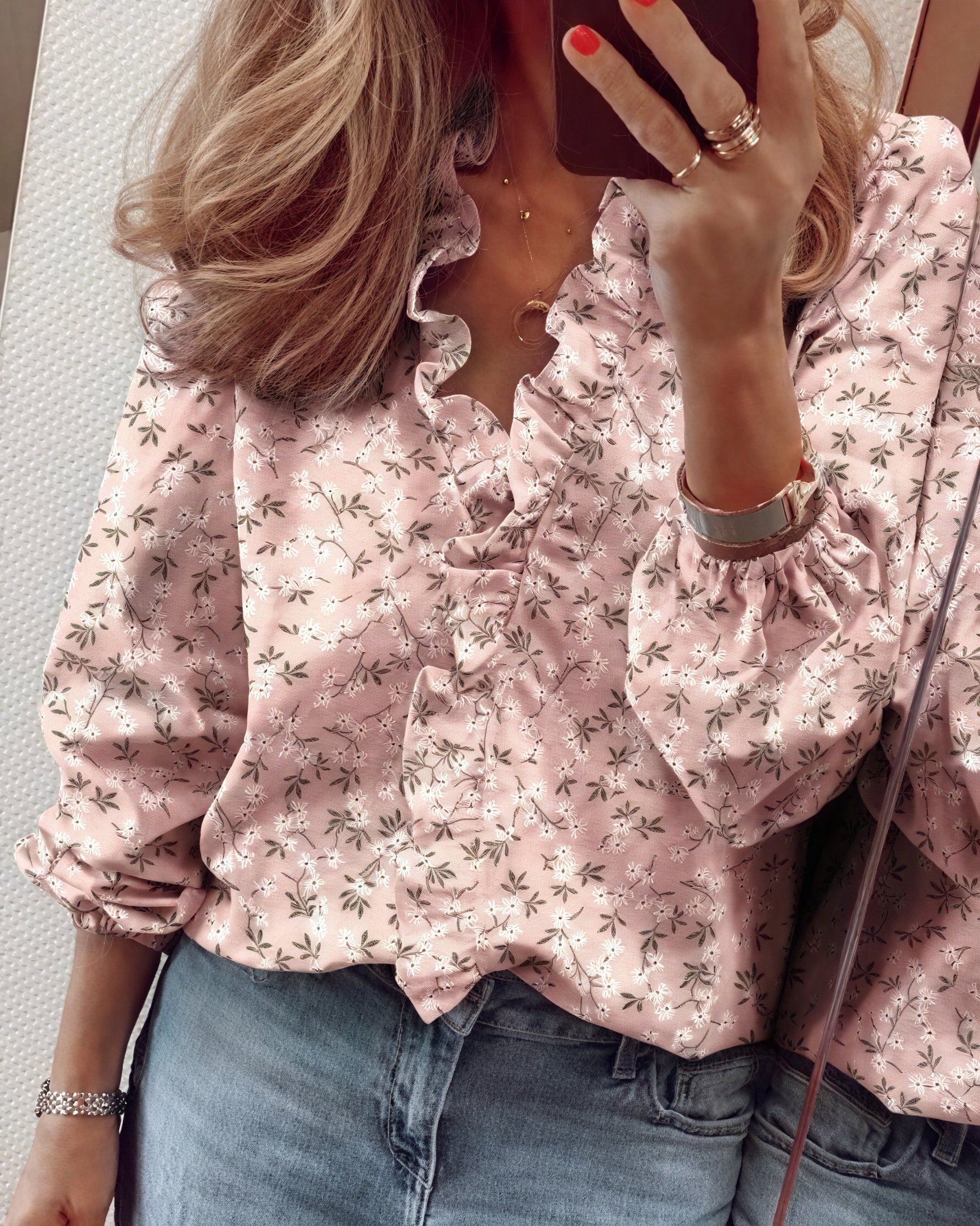 Women's Ruffled V-Neck Blouse – Balloon Sleeves, Lightweight Fabric-83185-86509656-fe79-4a8d-af57-5134c43d762c
