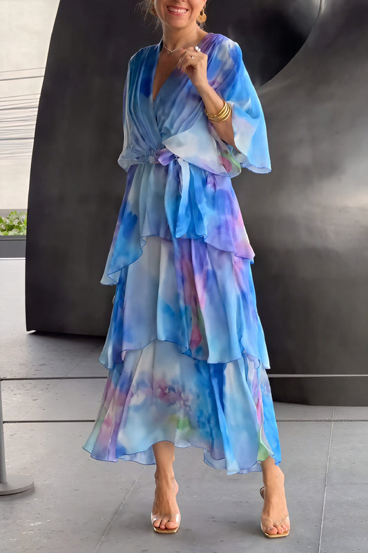 Women's Blue Chiffon Wrap Dress – Tiered Watercolor Print, Elegant Bohemian Style-83187-defbabfa-6413-4120-a8ba-dc7bdc041401
