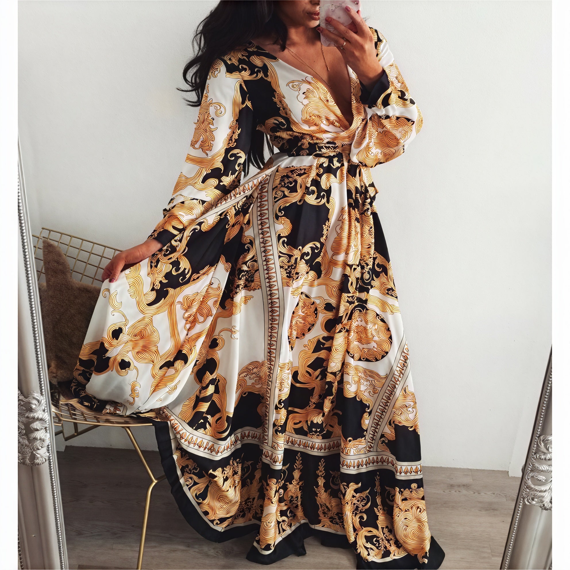 Women's Black Gold Ornate Print Wrap Maxi Dress – High Slit, Long Sleeve-83196-6d804dc6-466b-43f7-910a-5cf6a2623172