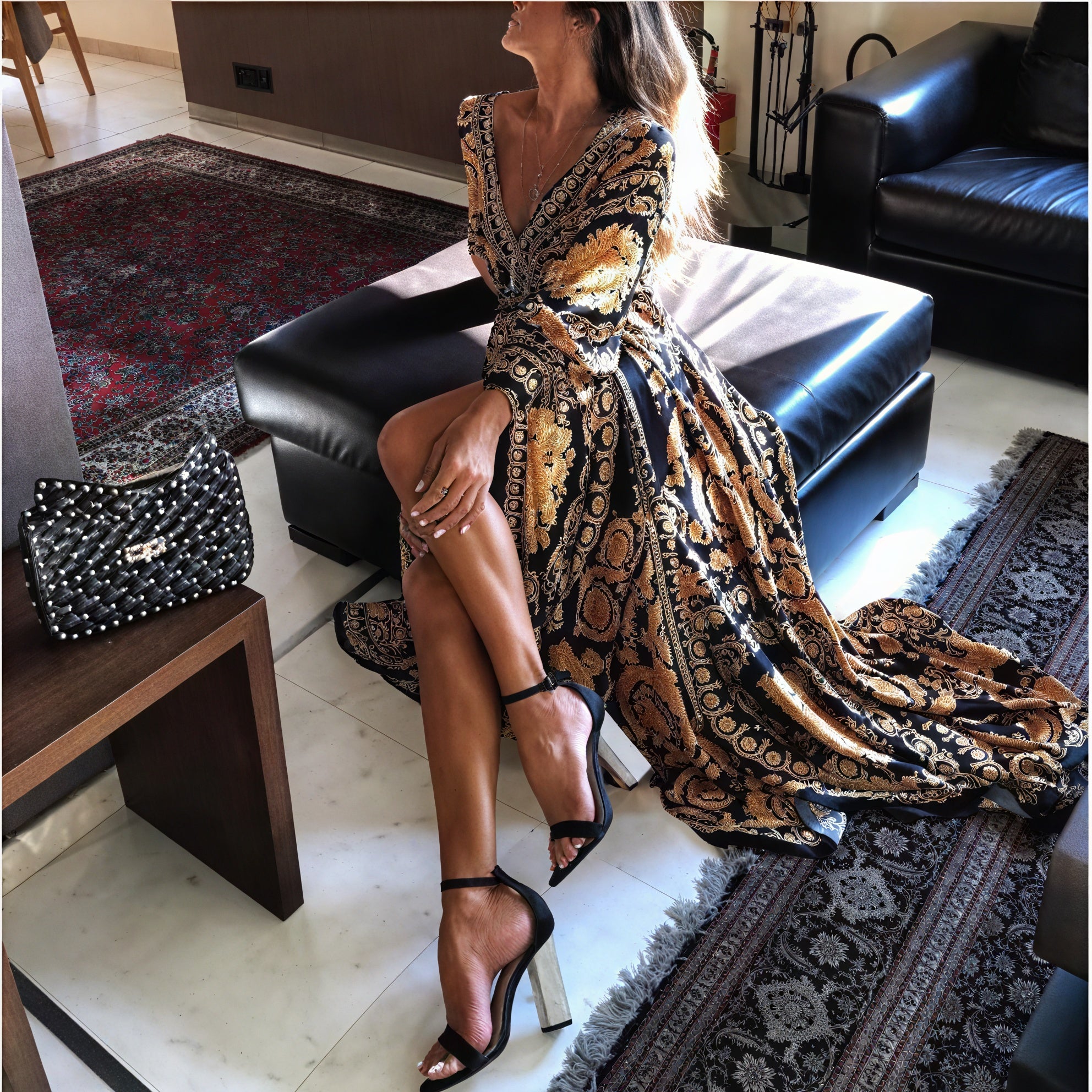 Women's Black Gold Ornate Print Wrap Maxi Dress – High Slit, Long Sleeve-83196-a875b7f0-1c1c-43c1-b7dc-e004673331aa