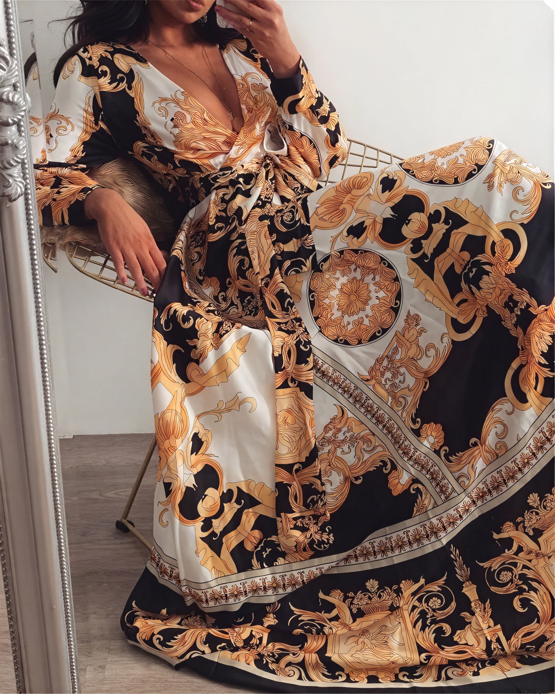 Women's Black Gold Ornate Print Wrap Maxi Dress – High Slit, Long Sleeve-83196-0c418b32-ae10-4ea0-87be-ae0bc3e8f297