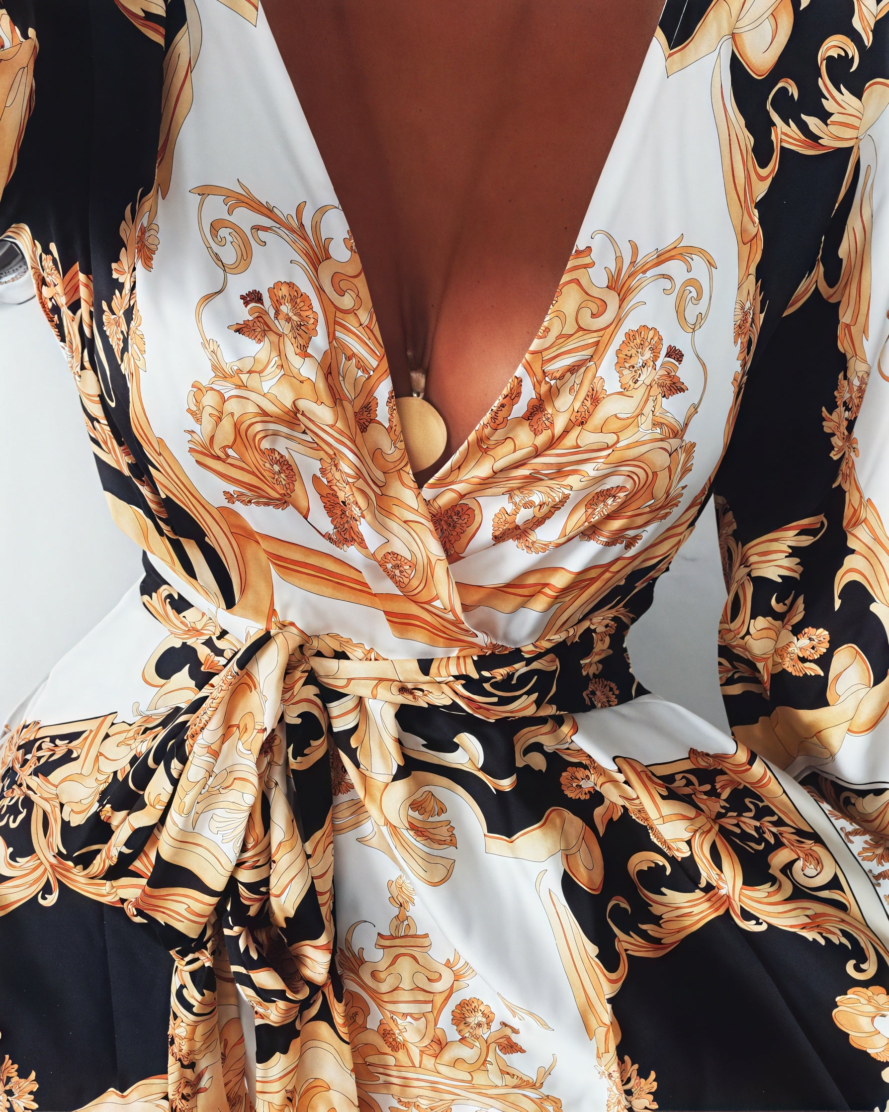 Women's Black Gold Ornate Print Wrap Maxi Dress – High Slit, Long Sleeve-83196-e74eb752-0512-4bd5-85b4-a1dc9b12b276