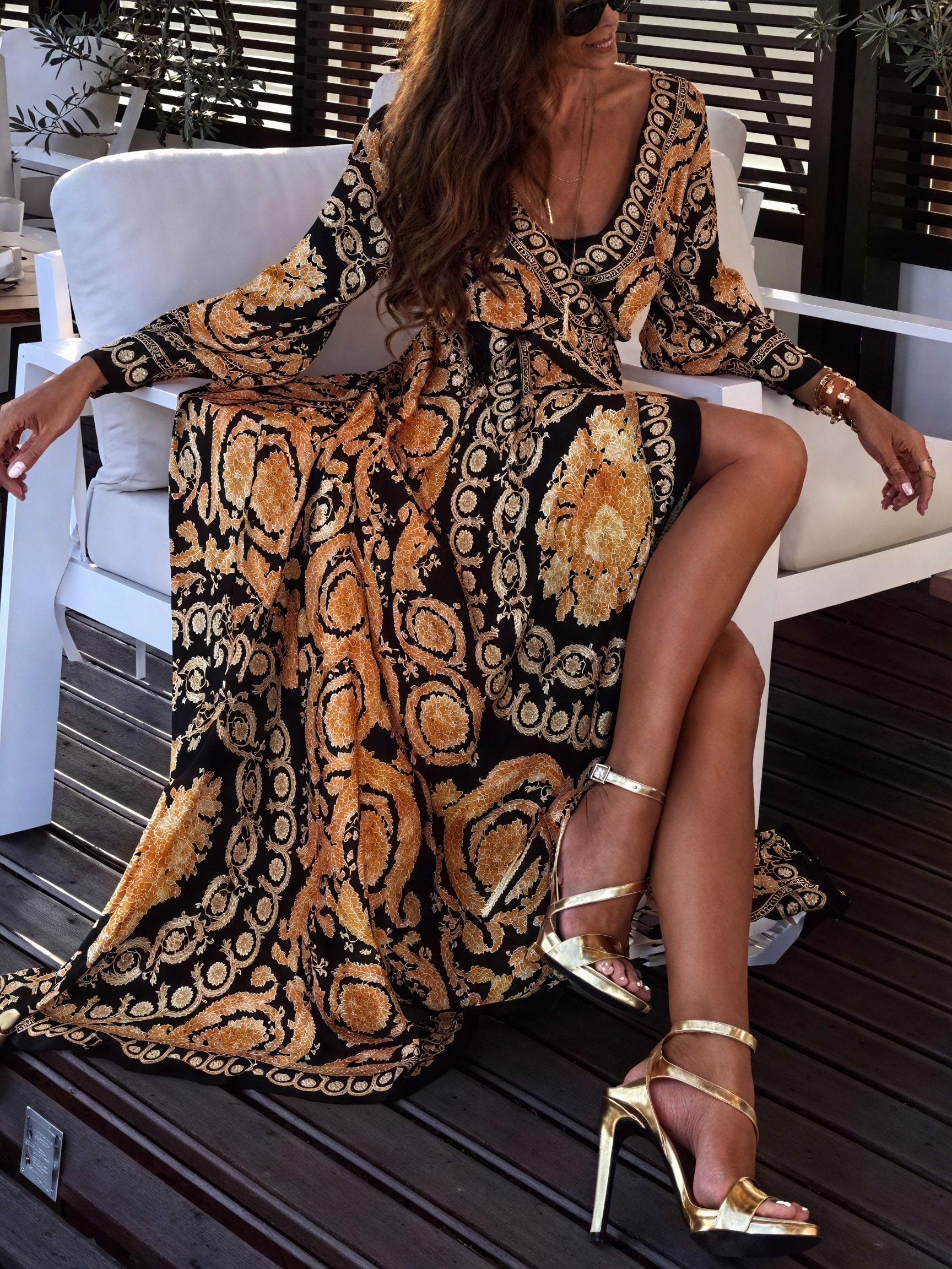 Women's Black Gold Ornate Print Wrap Maxi Dress – High Slit, Long Sleeve-83196-5ea24f8a-0b21-4381-af50-f9ecda59b43c