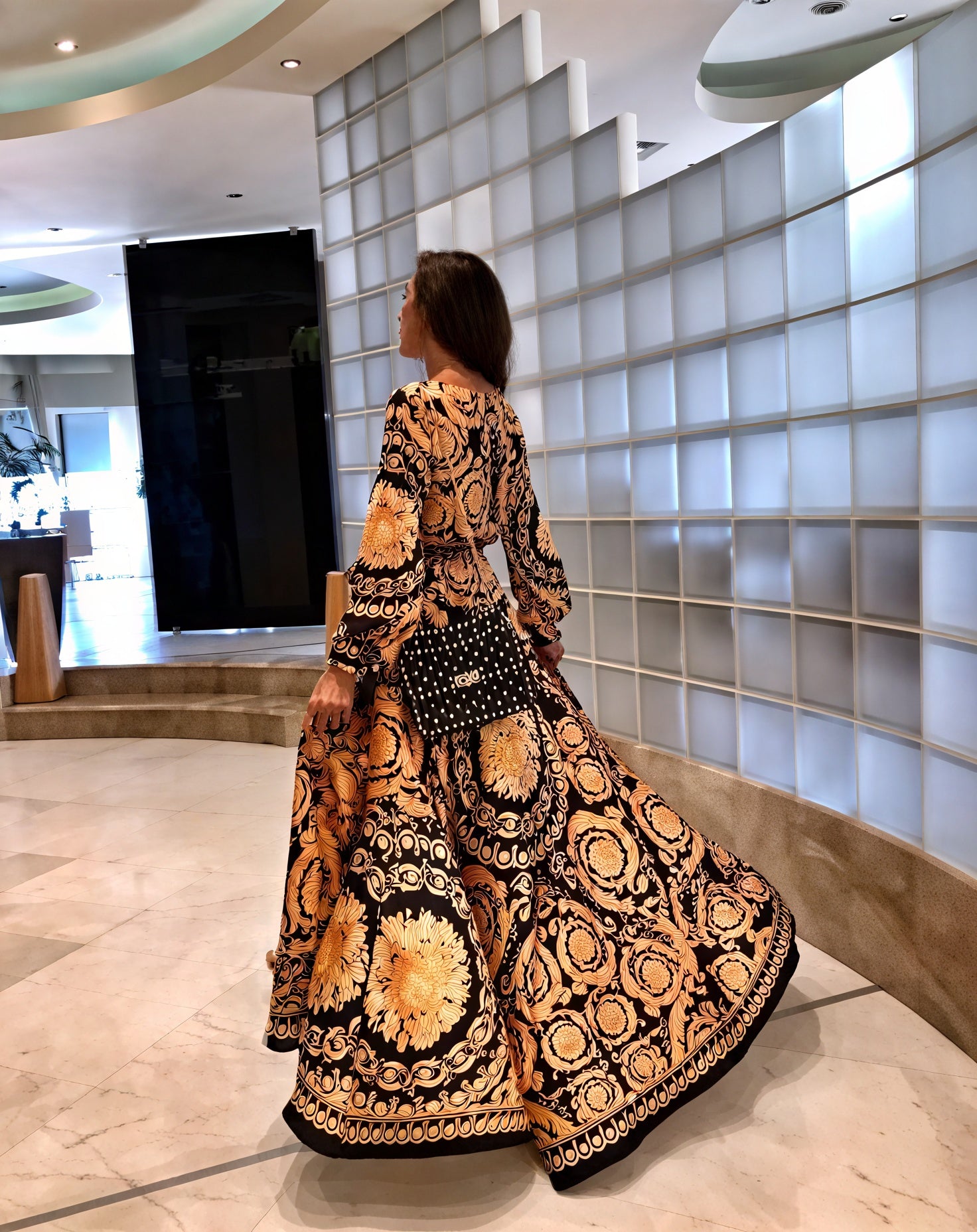 Women's Black Gold Ornate Print Wrap Maxi Dress – High Slit, Long Sleeve-83196-6605da1f-fa77-4913-a2c3-5553545e724c