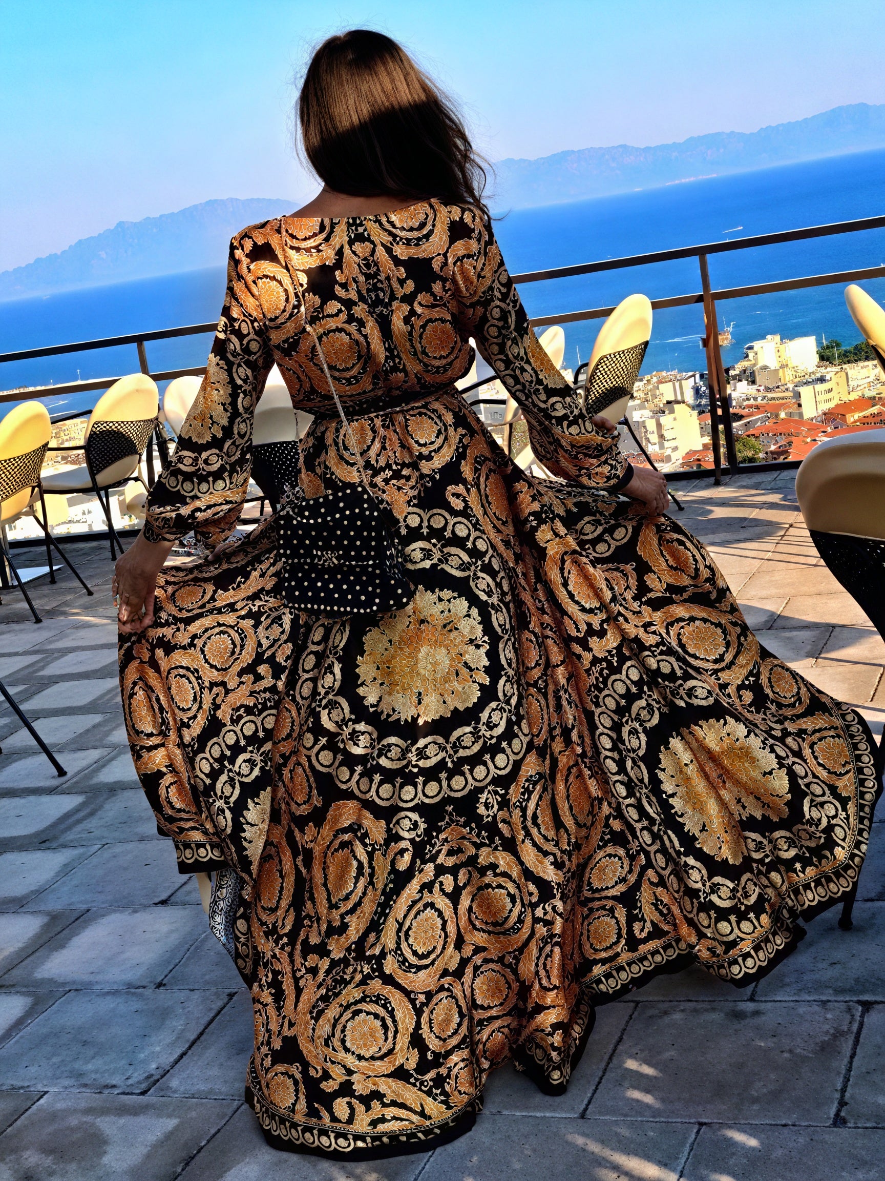 Women's Black Gold Ornate Print Wrap Maxi Dress – High Slit, Long Sleeve-83196-a4589ecd-d28c-4b3f-aba1-e8e0fb21c0f4