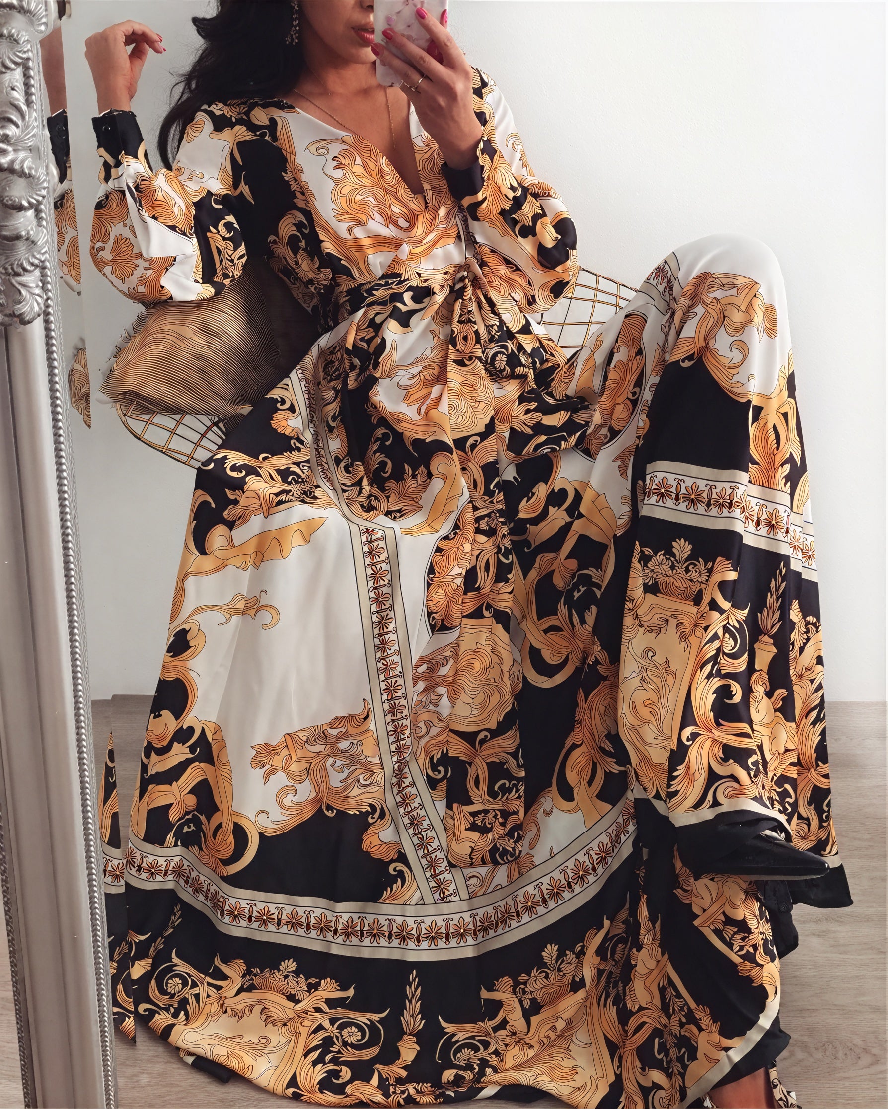 Women's Black Gold Ornate Print Wrap Maxi Dress – High Slit, Long Sleeve-83196-b3d47b27-1ce0-45e4-82ee-82c6cb021ed0