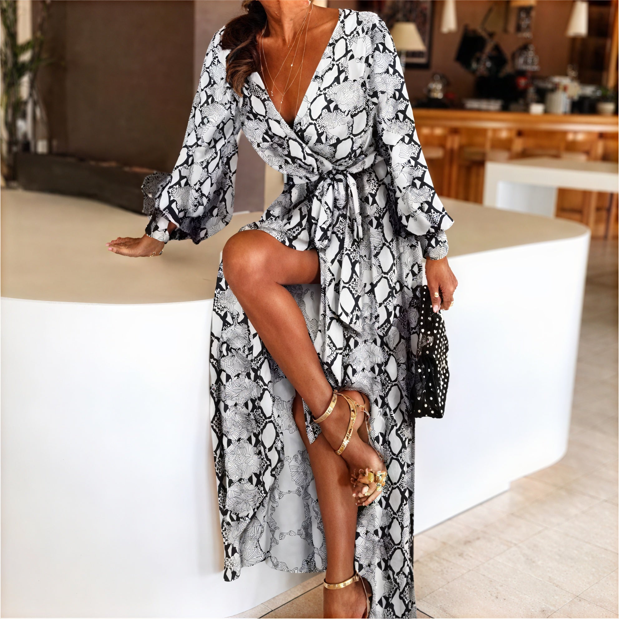 Women's Black Gold Ornate Print Wrap Maxi Dress – High Slit, Long Sleeve-83196-3f2f6807-7799-4b12-a5a1-41ad45c7e5c8