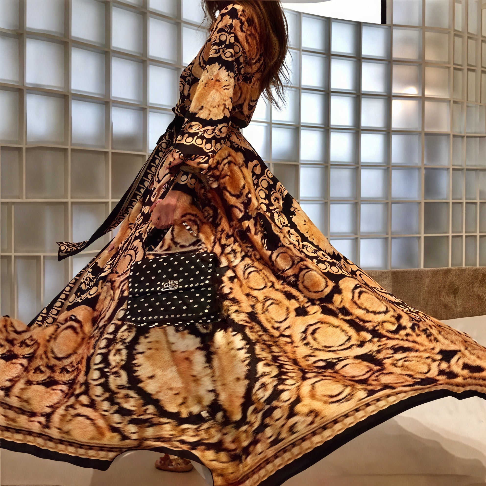 Women's Black Gold Ornate Print Wrap Maxi Dress – High Slit, Long Sleeve-83196-87c3d112-b02c-42cd-bd14-4654c3db5cff
