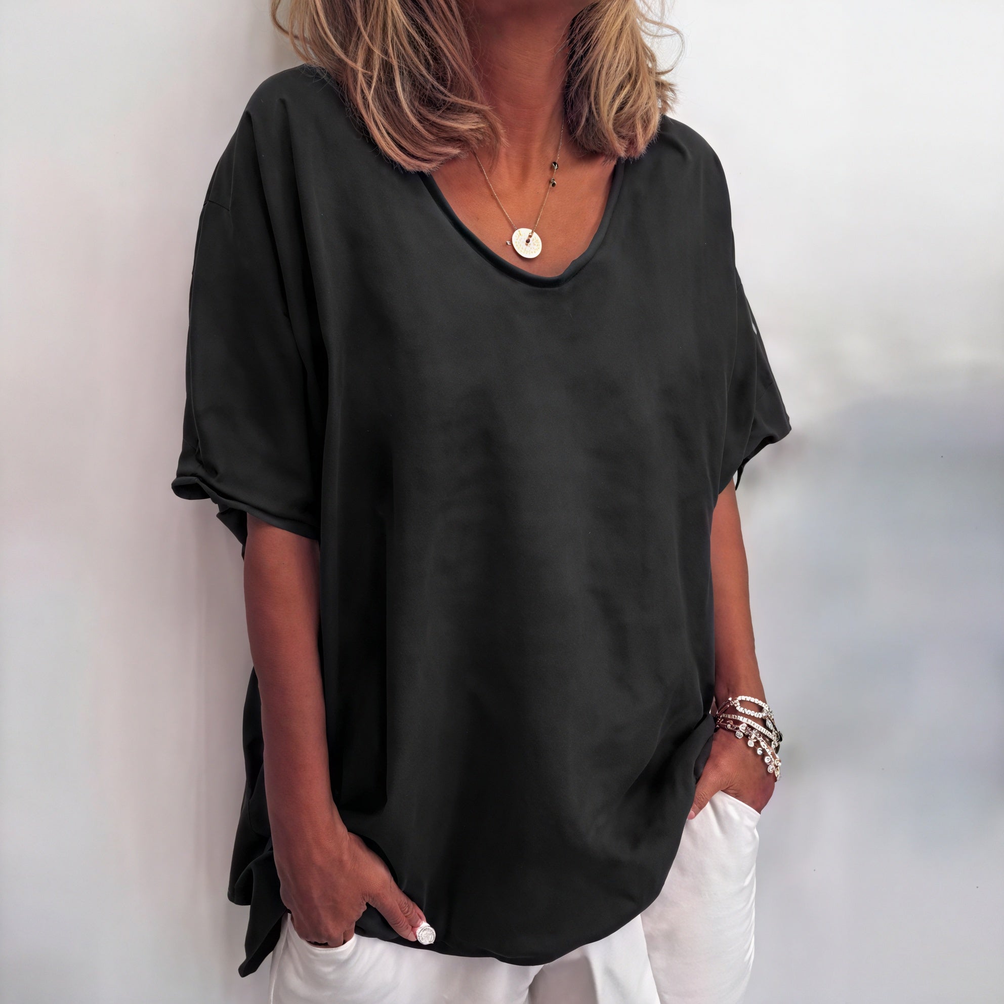 Women's Relaxed Fit Short Sleeve Top - Soft Drape, Asymmetrical Hem-83199-084497e9-7199-47a0-b530-2cd7ae72869f