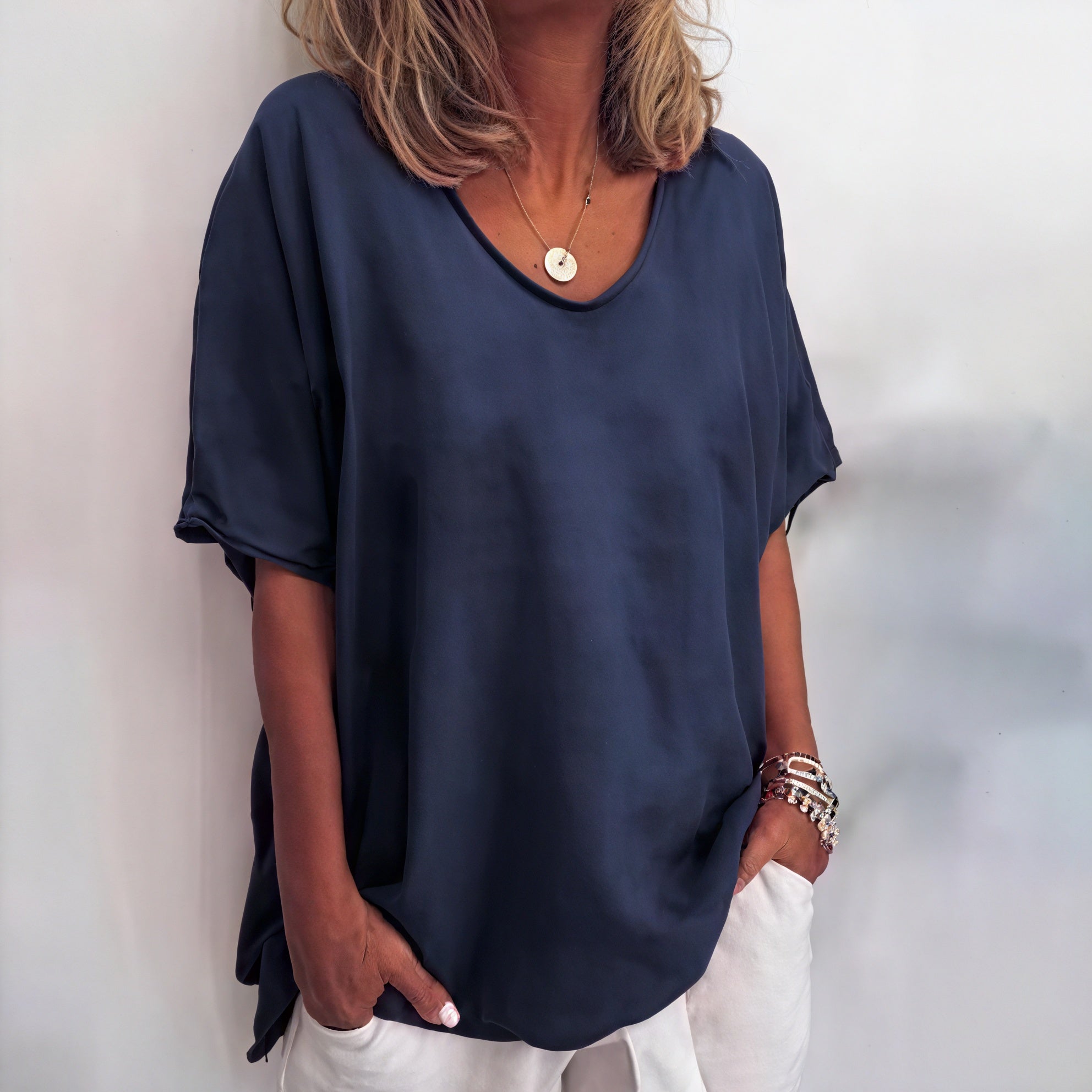 Women's Relaxed Fit Short Sleeve Top - Soft Drape, Asymmetrical Hem-83199-6b780f24-4a14-4b69-b763-07c047e52609