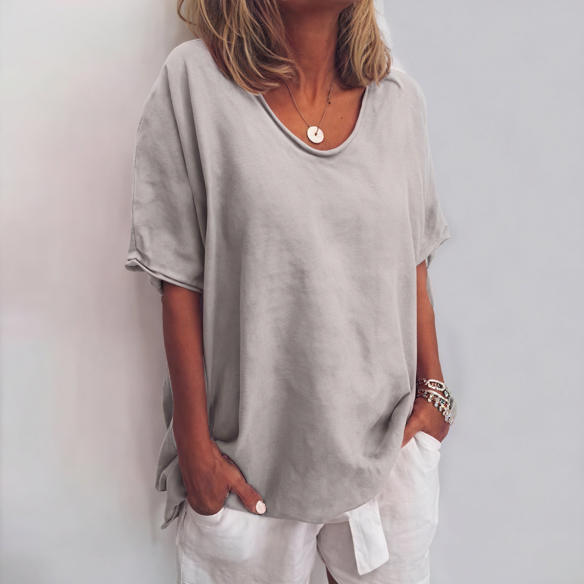 Women's Relaxed Fit Short Sleeve Top - Soft Drape, Asymmetrical Hem-83199-03941fc7-9abc-4b14-8960-441c26f452ab