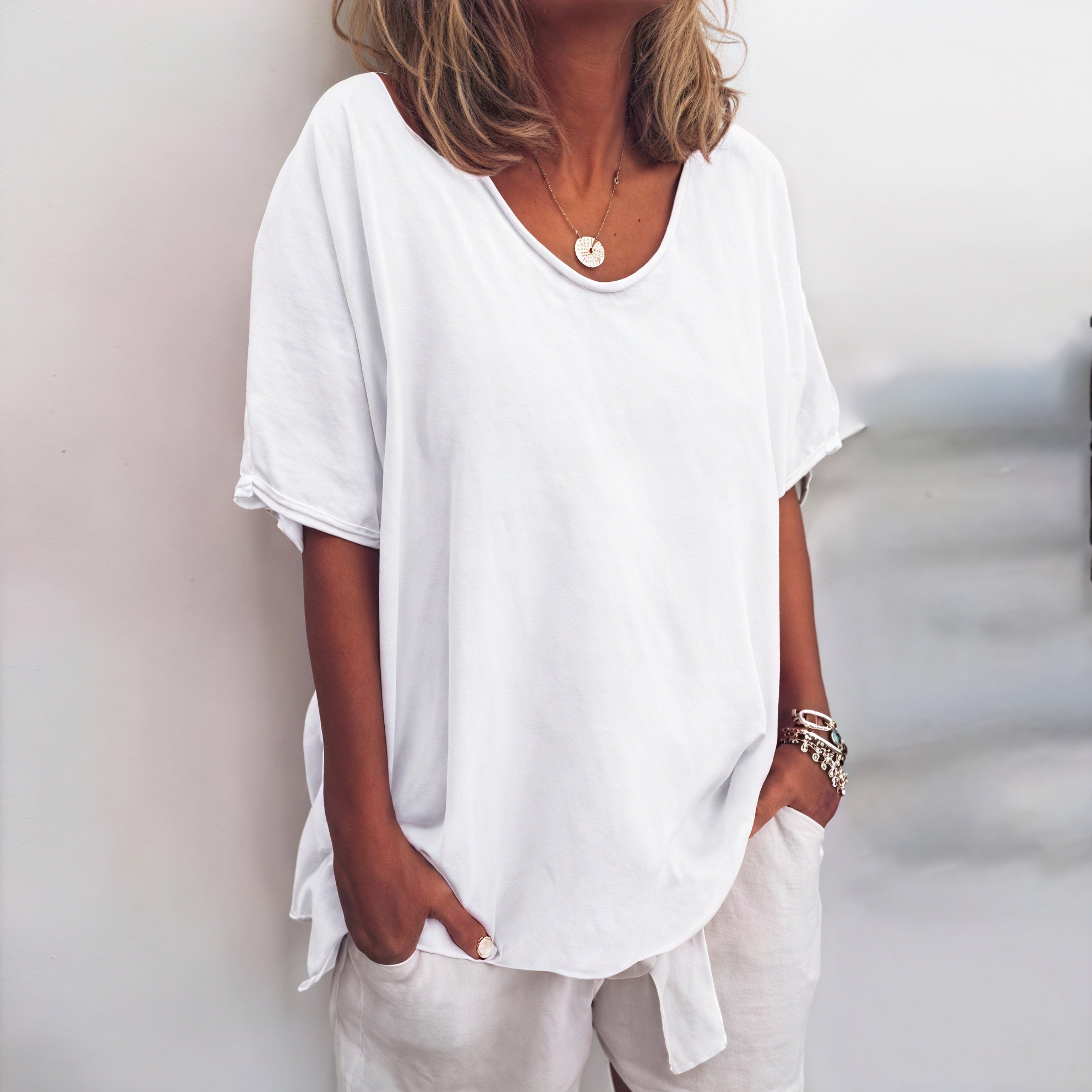 Women's Relaxed Fit Short Sleeve Top - Soft Drape, Asymmetrical Hem-83199-94abbed0-852b-446b-b62d-d8d04fd5ec58