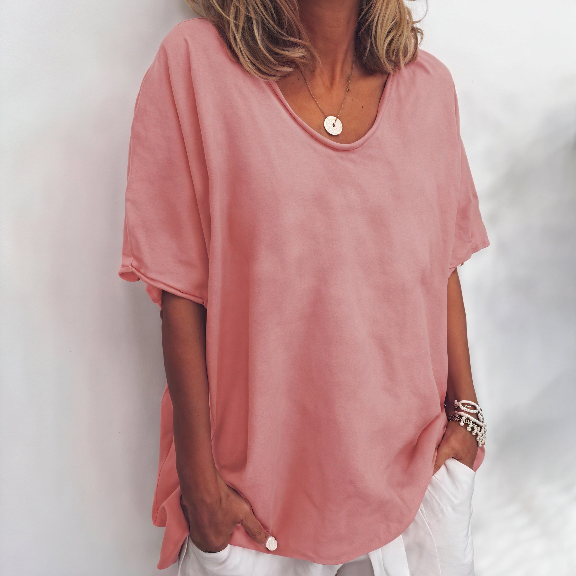 Women's Relaxed Fit Short Sleeve Top - Soft Drape, Asymmetrical Hem-83199-ac505fc2-9c94-4545-b84e-c2d24ae8408a