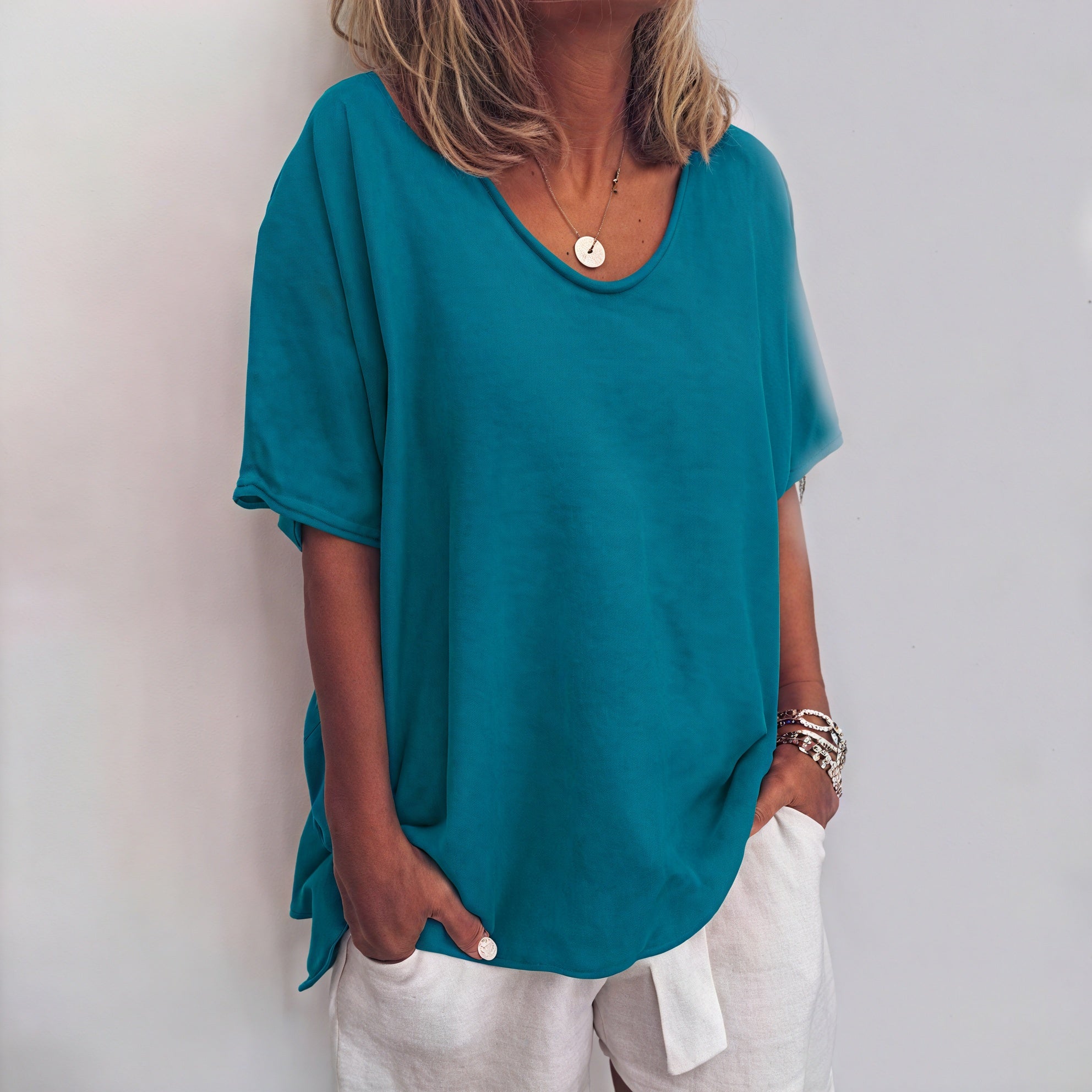 Women's Relaxed Fit Short Sleeve Top - Soft Drape, Asymmetrical Hem-83199-34d04663-bcaf-4c27-adb7-058eaa039ace