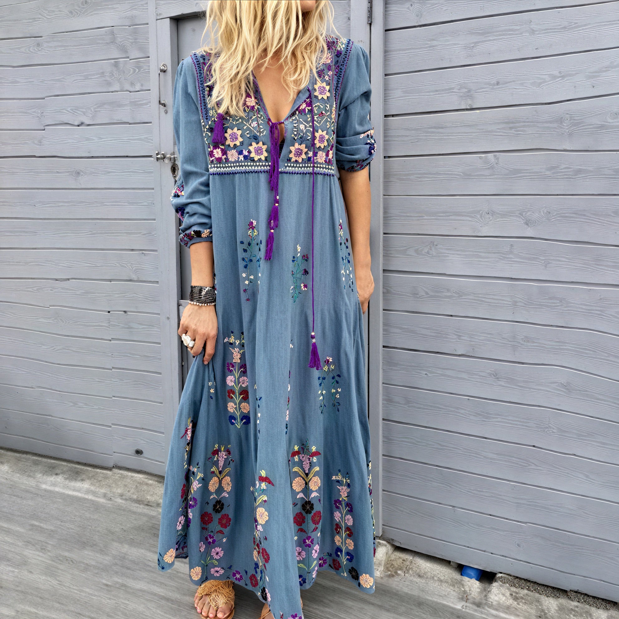 Women's Floral Embroidered Maxi Dress – V-Neck Cotton Bohemian-83200-ecf47d2f-1eee-4be2-bb1b-1b6f1e33648c