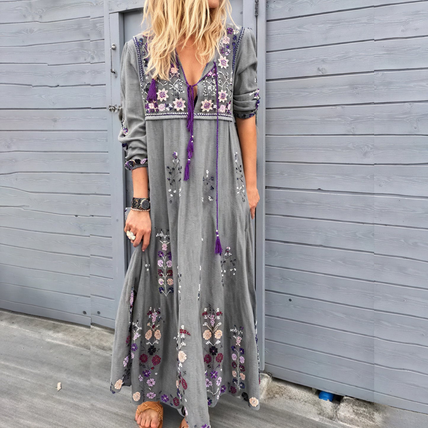 Women's Floral Embroidered Maxi Dress – V-Neck Cotton Bohemian-83200-8e776f37-b2f9-4e54-aa87-bcaa17a78f96