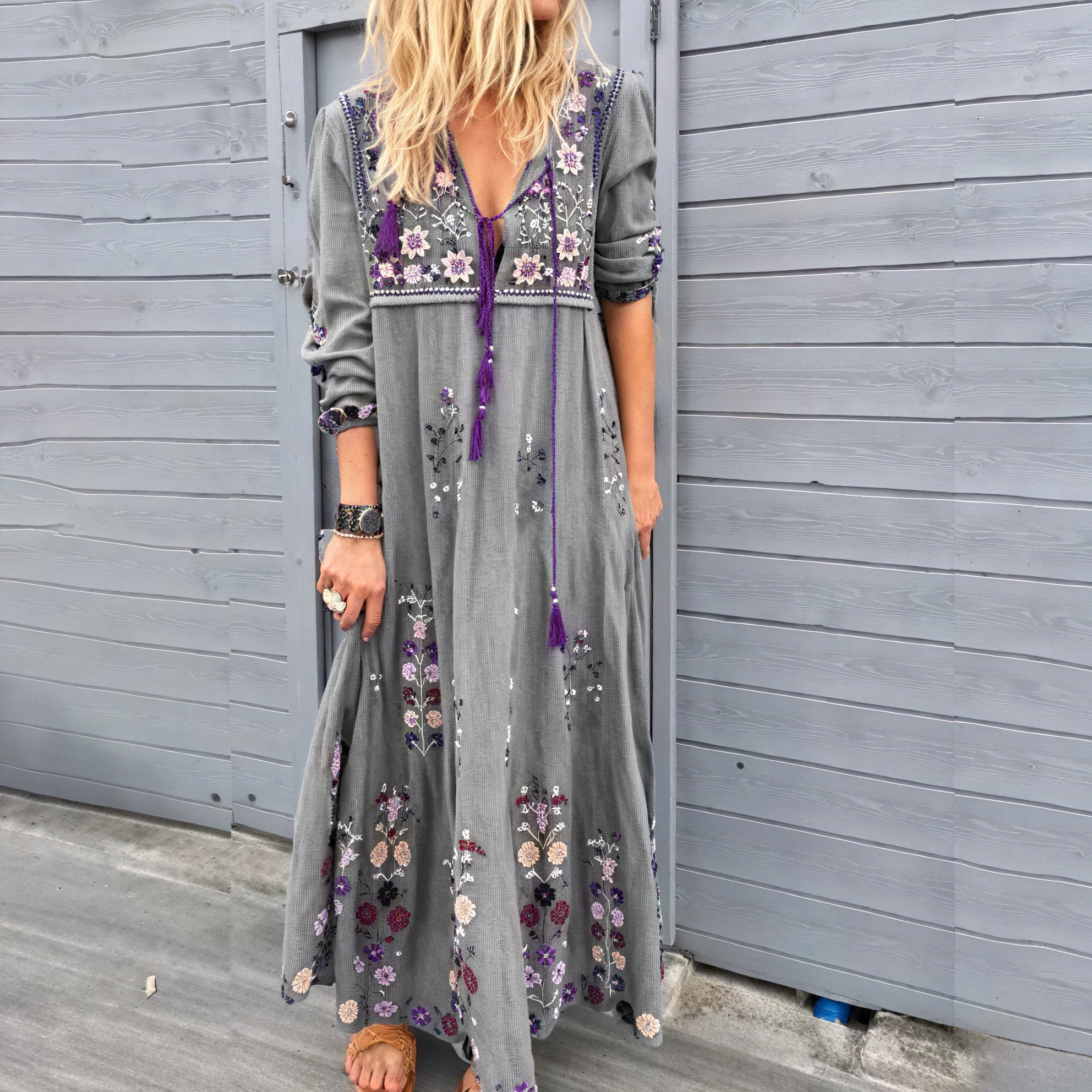 Women's Floral Embroidered Maxi Dress – V-Neck Cotton Bohemian-83200-8e776f37-b2f9-4e54-aa87-bcaa17a78f96