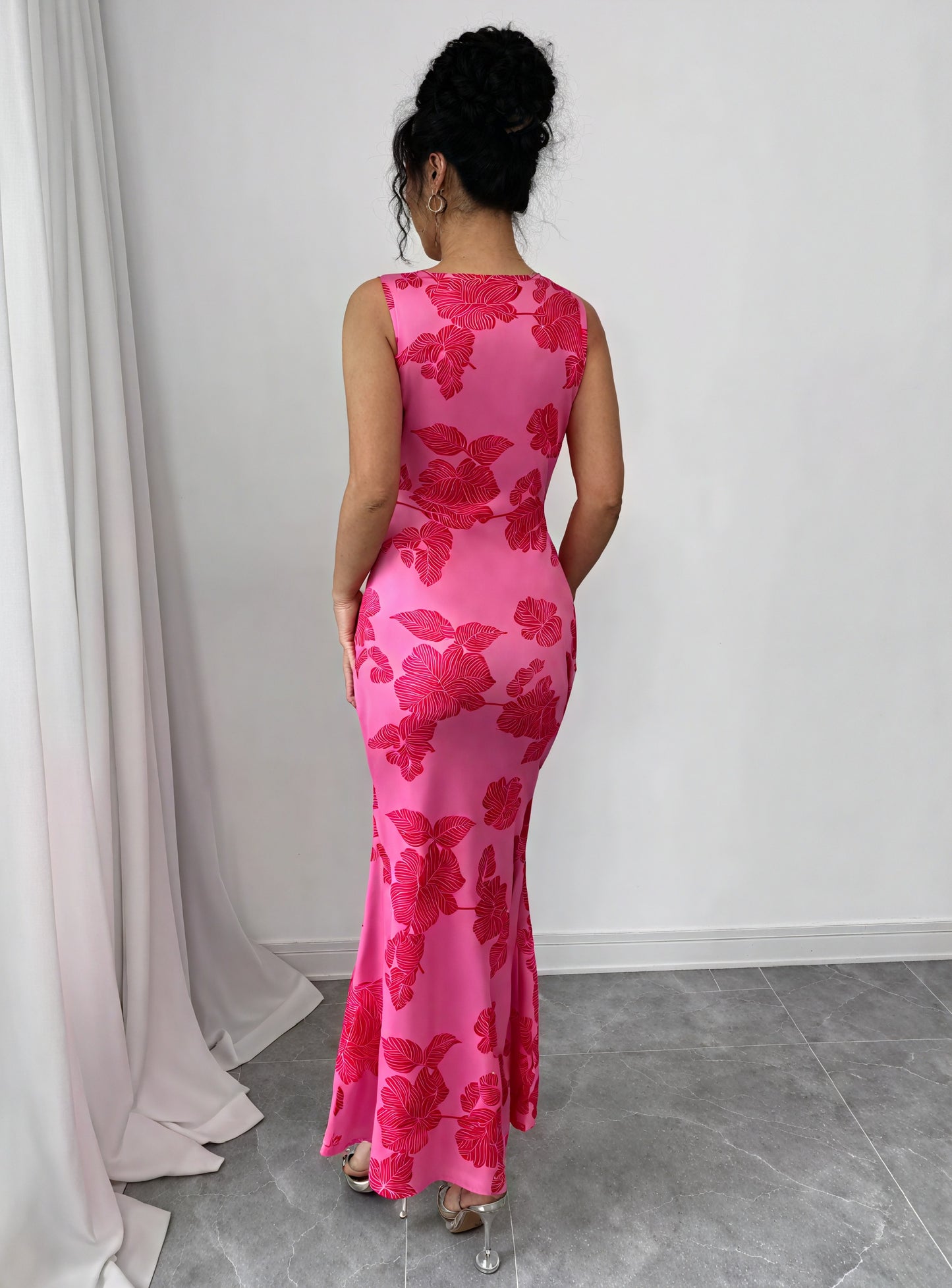 Women's Pink Floral Maxi Dress – Sleeveless, Fitted Polyester, Matching Handbag-83201-24ee2229-91f4-4d14-a0c5-9e51c2cc5cb7