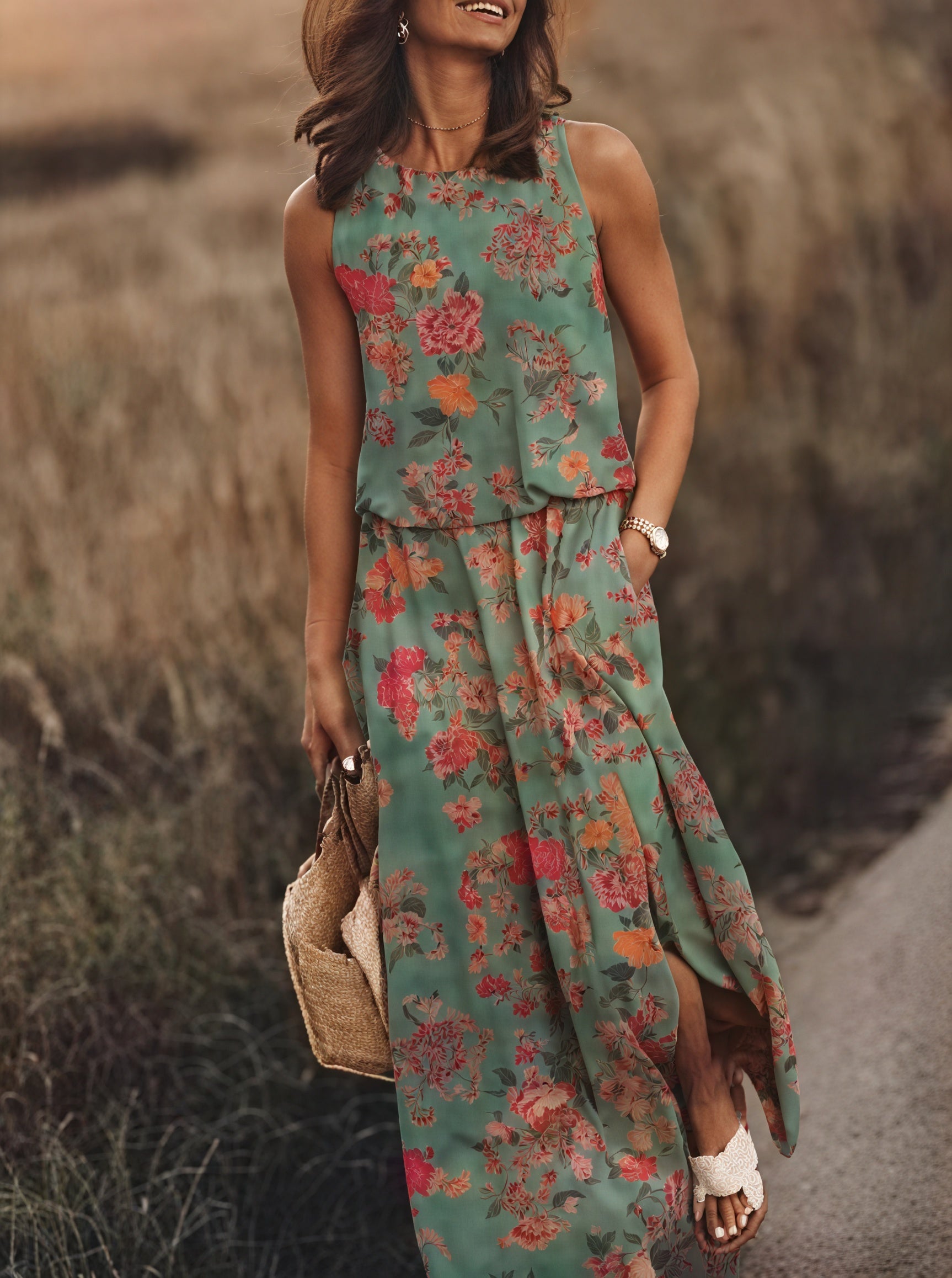 Women's Sleeveless Maxi Dress – Floral Pattern, Side Slit, Pockets-83214-2541129f-ef59-478d-9cd9-69c5b2433815