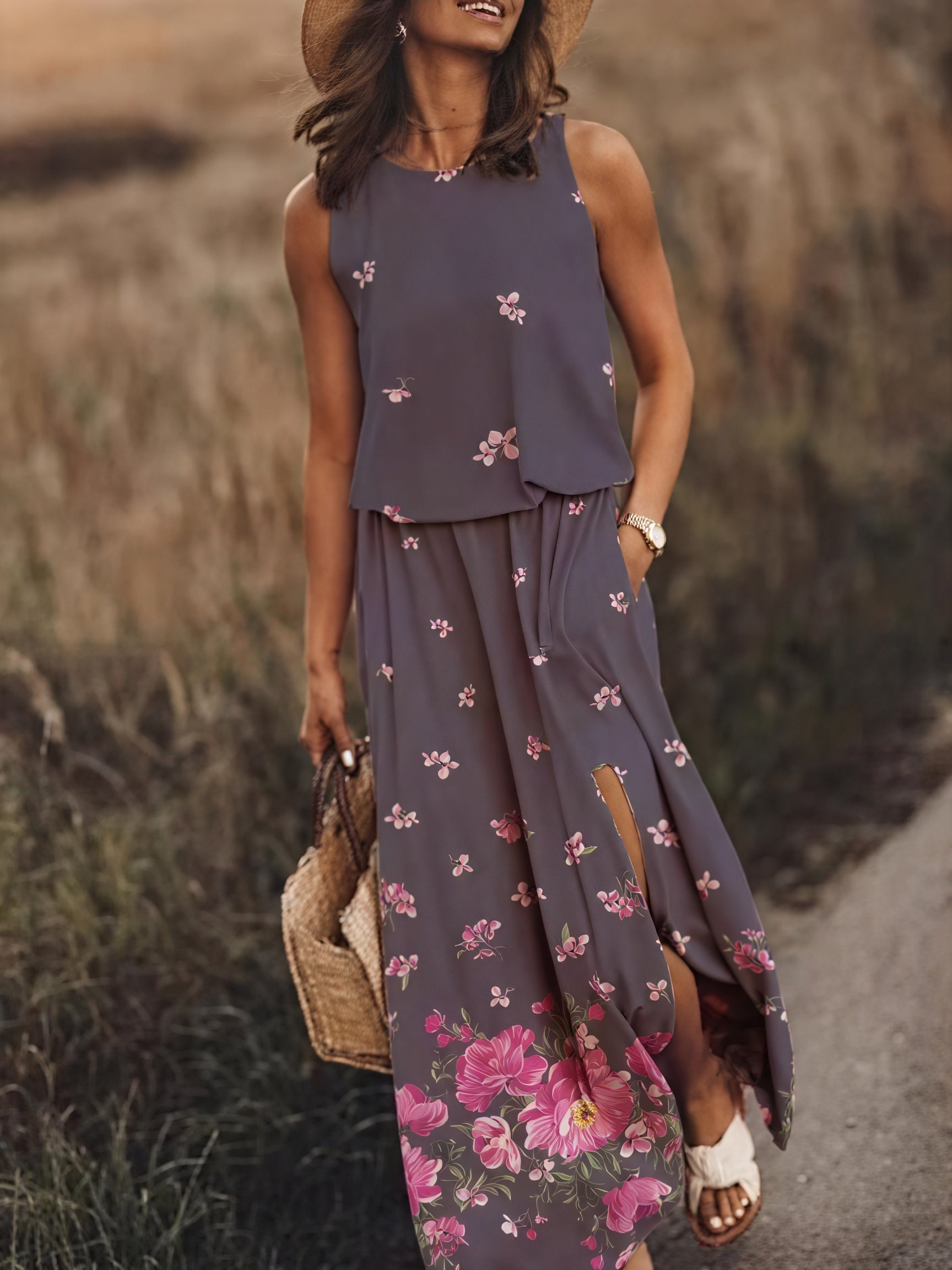 Women's Sleeveless Maxi Dress – Floral Pattern, Side Slit, Pockets-83214-64c62fdd-8d8e-4bfb-8fea-034a2ce3526c