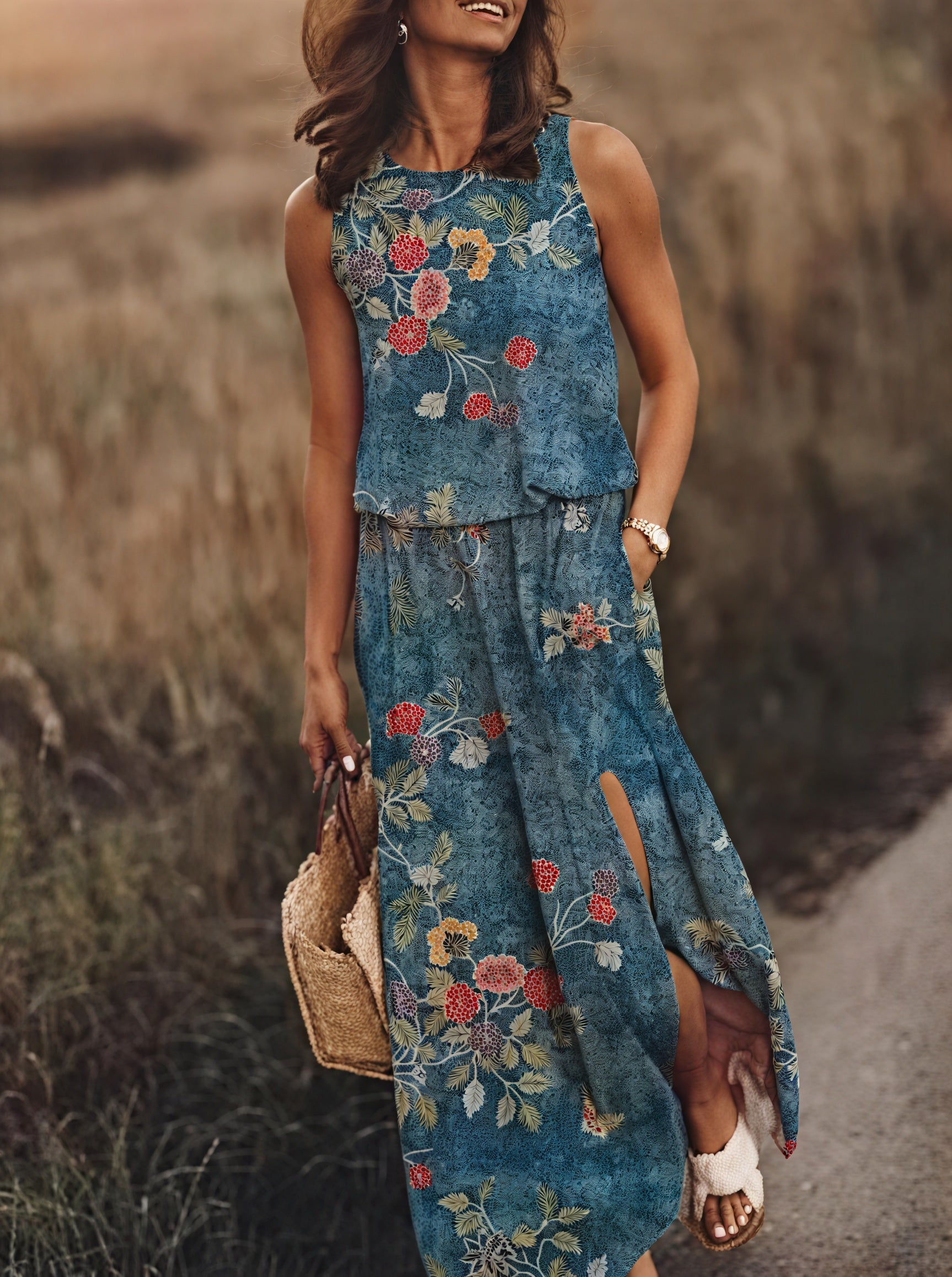 Women's Sleeveless Maxi Dress – Floral Pattern, Side Slit, Pockets-83214-54fef001-bb01-42b7-baa2-60f457a8ac16