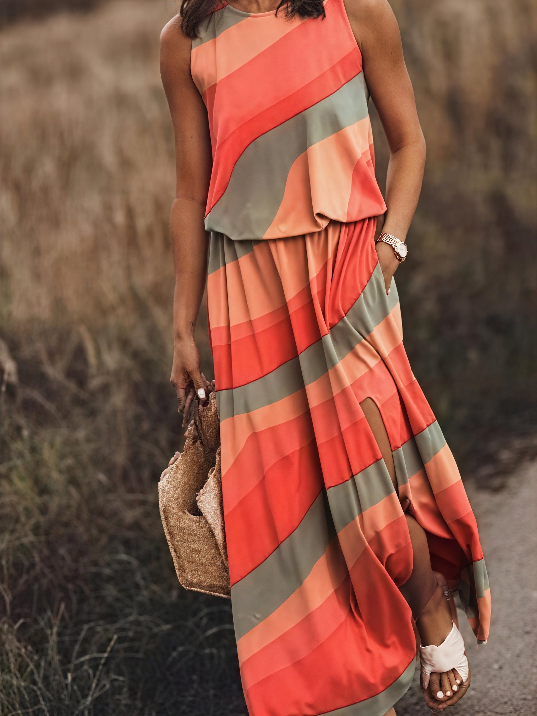 Women's Sleeveless Maxi Dress – Floral Pattern, Side Slit, Pockets-83214-b9718ea3-6dbc-488f-a51e-882d788c18c8