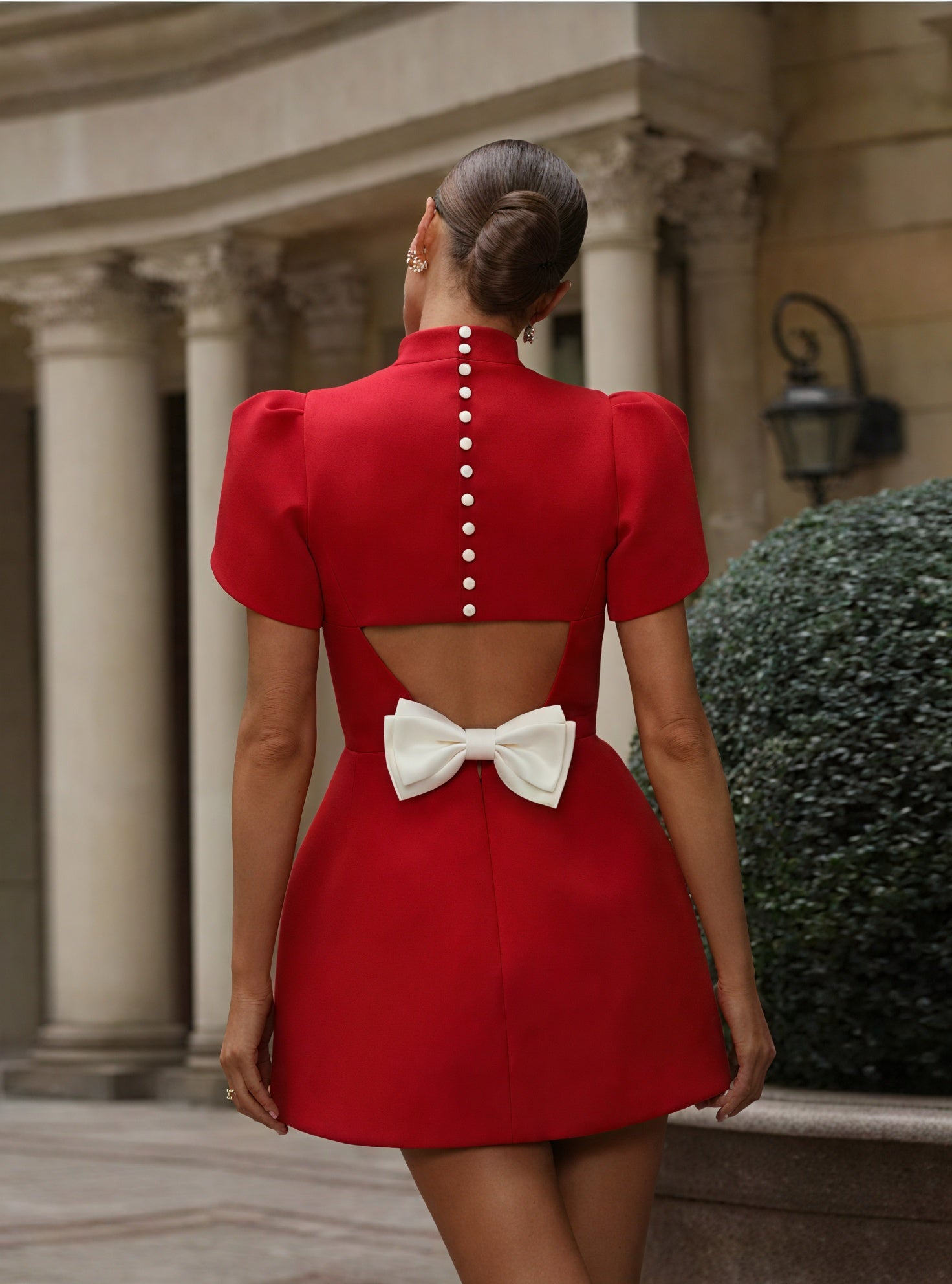 Women's Red Mini Dress – High Neck, Structured Sleeves, Fitted Silhouette, Modern Style-83215-ddf931ee-acee-471a-99d3-ea86e8c2783c