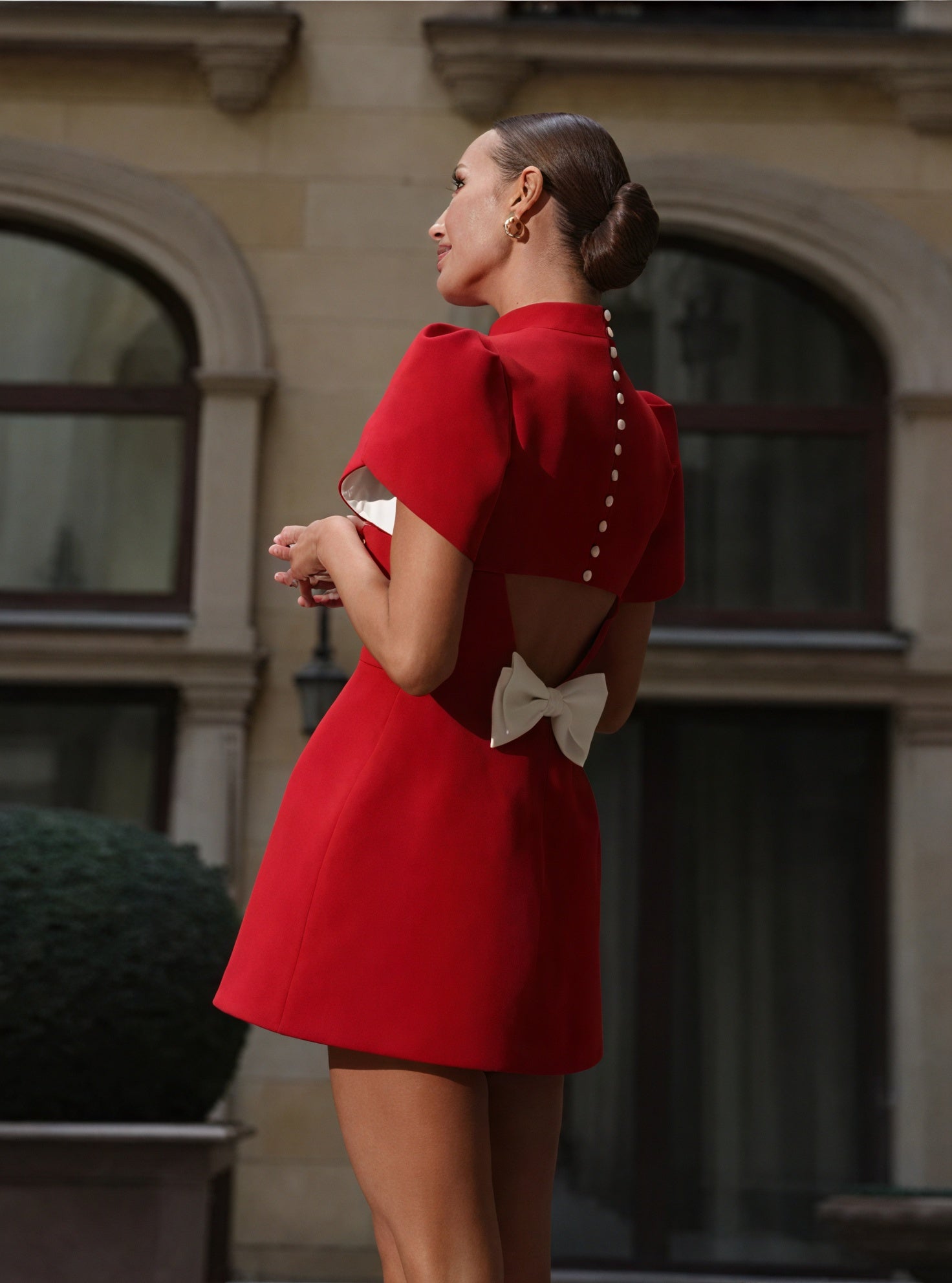 Women's Red Mini Dress – High Neck, Structured Sleeves, Fitted Silhouette, Modern Style-83215-300b701d-9de2-429f-8377-9a52db5d1e0a