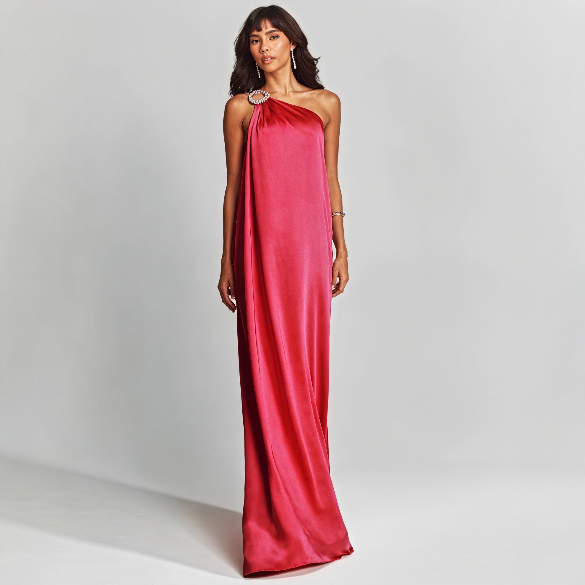 Women's Floor-Length One-Shoulder Column Gown – Jeweled Strap, Silk Blend, Coral, Basicfold-83221-9802b27a-5b8c-410d-bc60-d469d2e72cd9