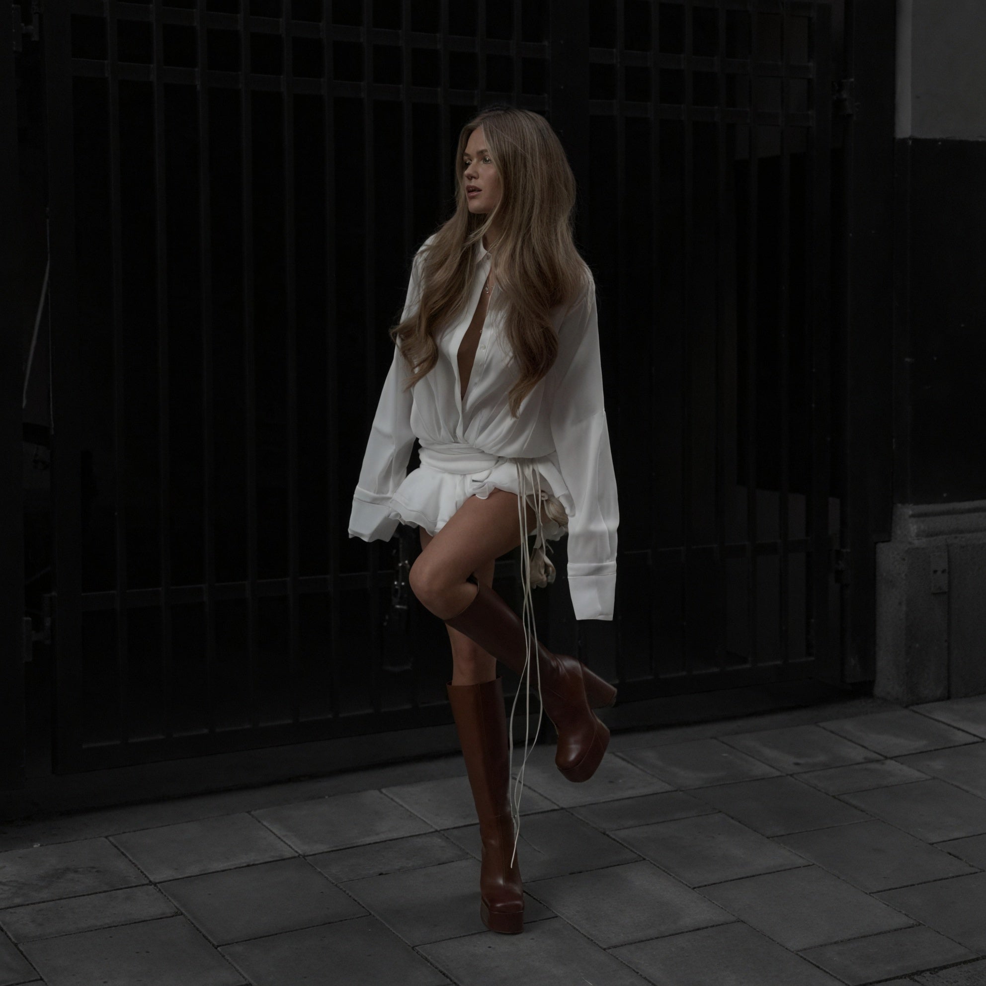 Women's White Button-Down Long Sleeve Midi Dress, Elegant Style-83661-7618abd9-a467-414f-b924-28a429e8daaa
