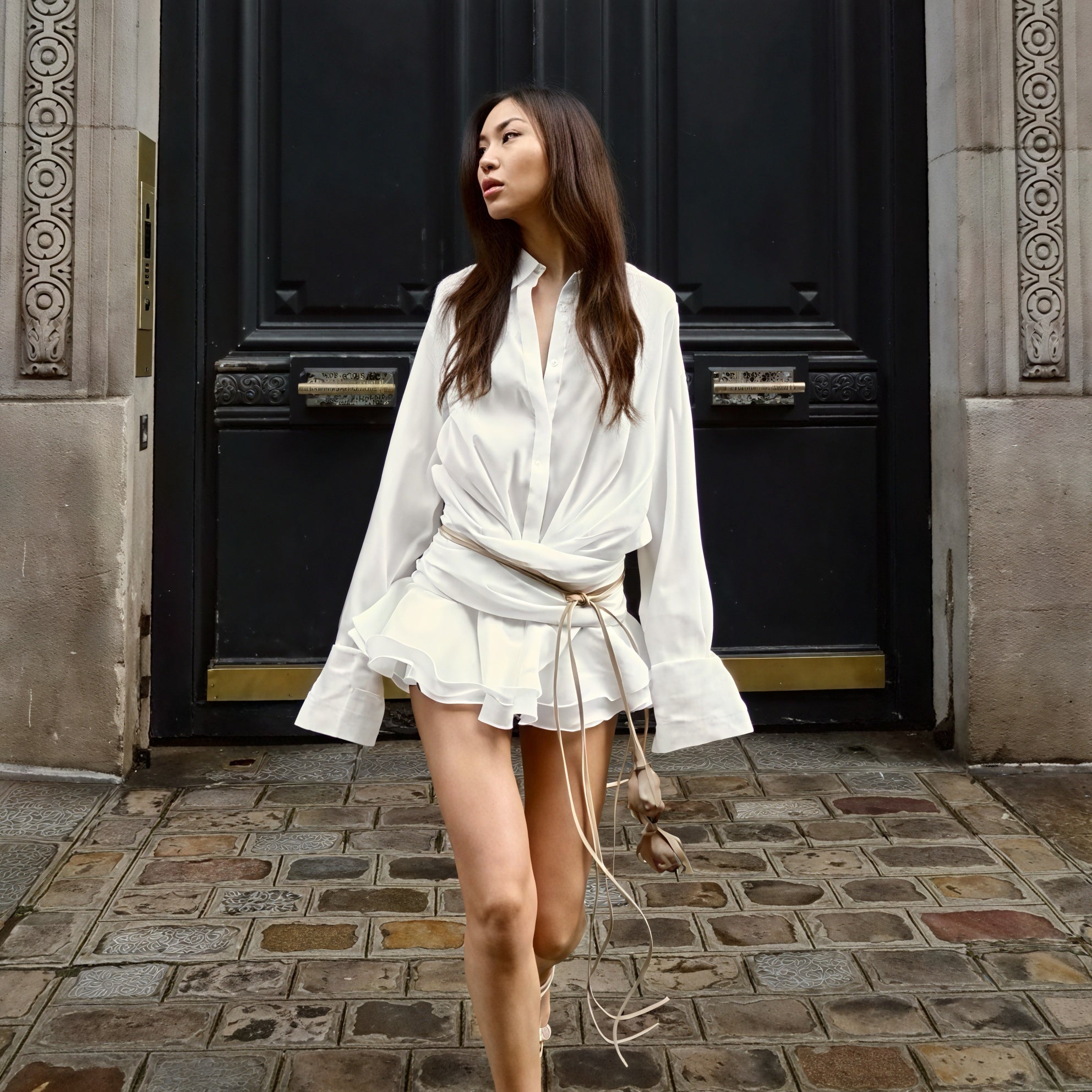 Women's White Button-Down Long Sleeve Midi Dress, Elegant Style-83661-73ff15e4-555d-4e8a-805d-203d4dcf5690