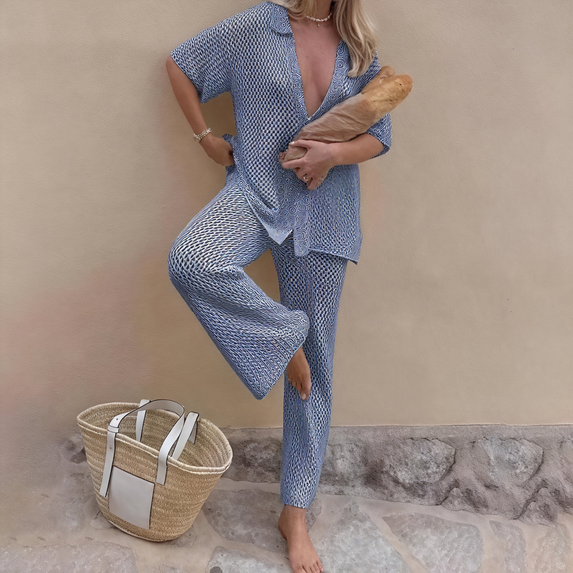 Women's Lightweight Knit Two-Piece Set – Button-Down Shirt & Pants, Loungewear Style-83778-d879ccb0-8f1c-474f-bad5-2ddbed630d2b