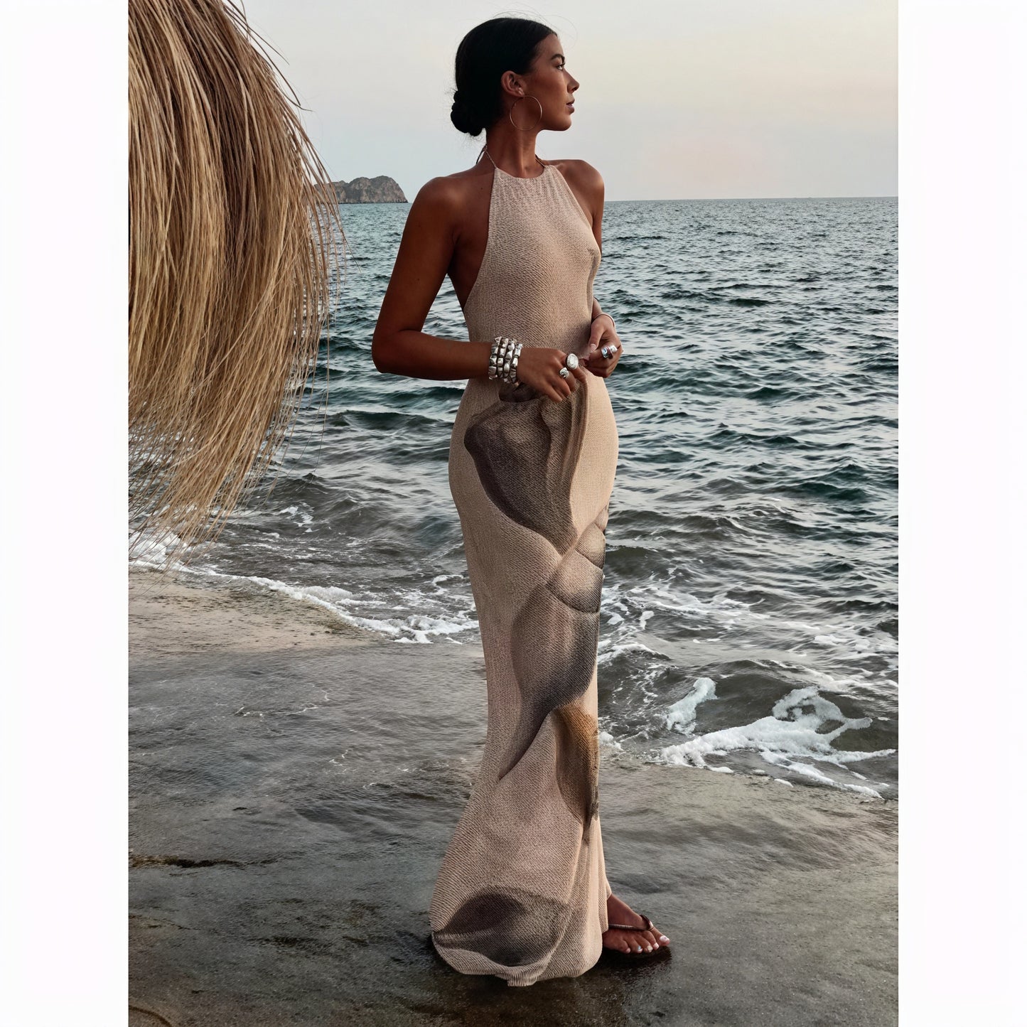 Women's Maxi Dress – Halter Neck, Textured Print, Floor-Length-83816-19811c5f-c13c-4134-8d7d-3b88331553a1