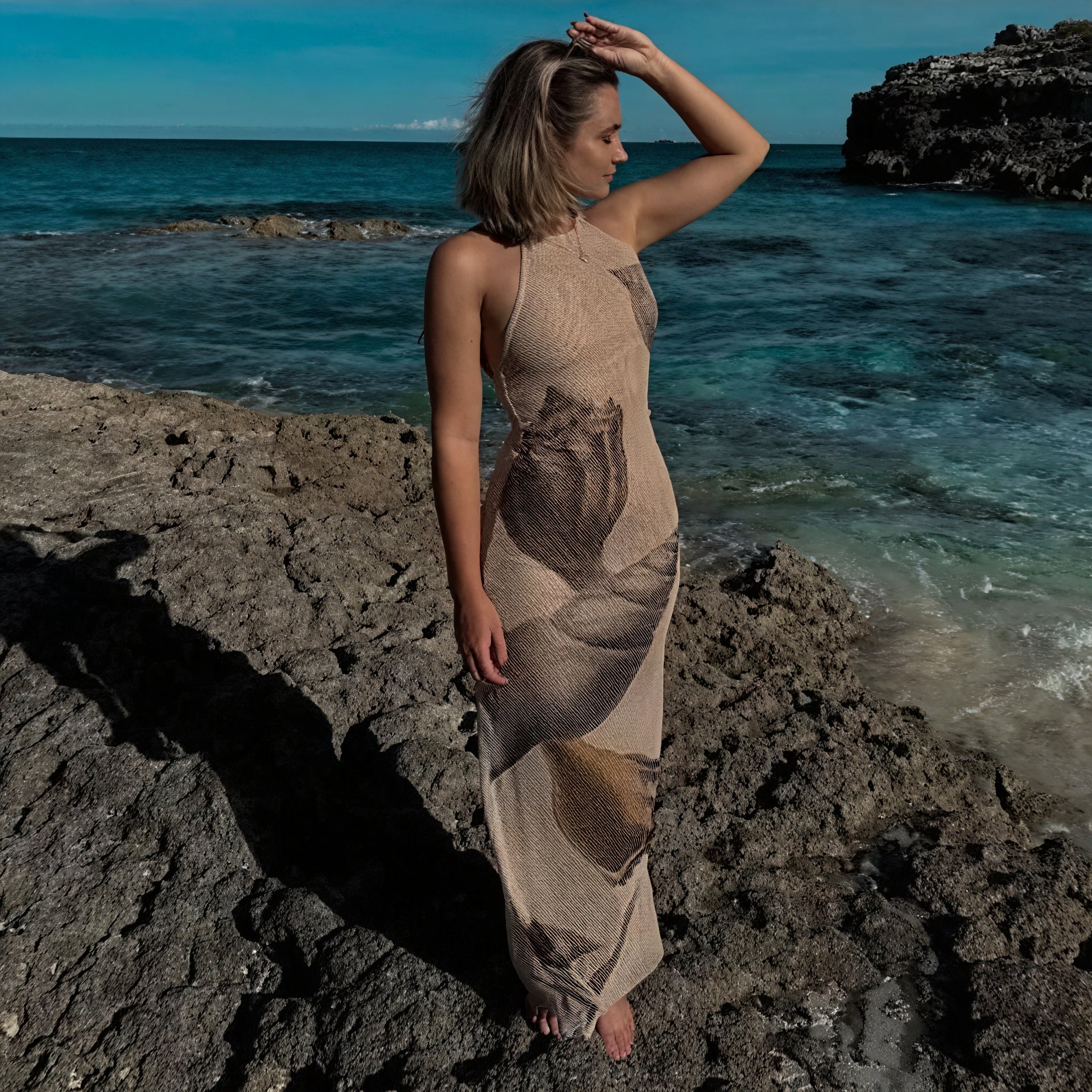 Women's Maxi Dress – Halter Neck, Textured Print, Floor-Length-83816-c102dc19-a8a1-4a7d-ad77-948b69298a8e