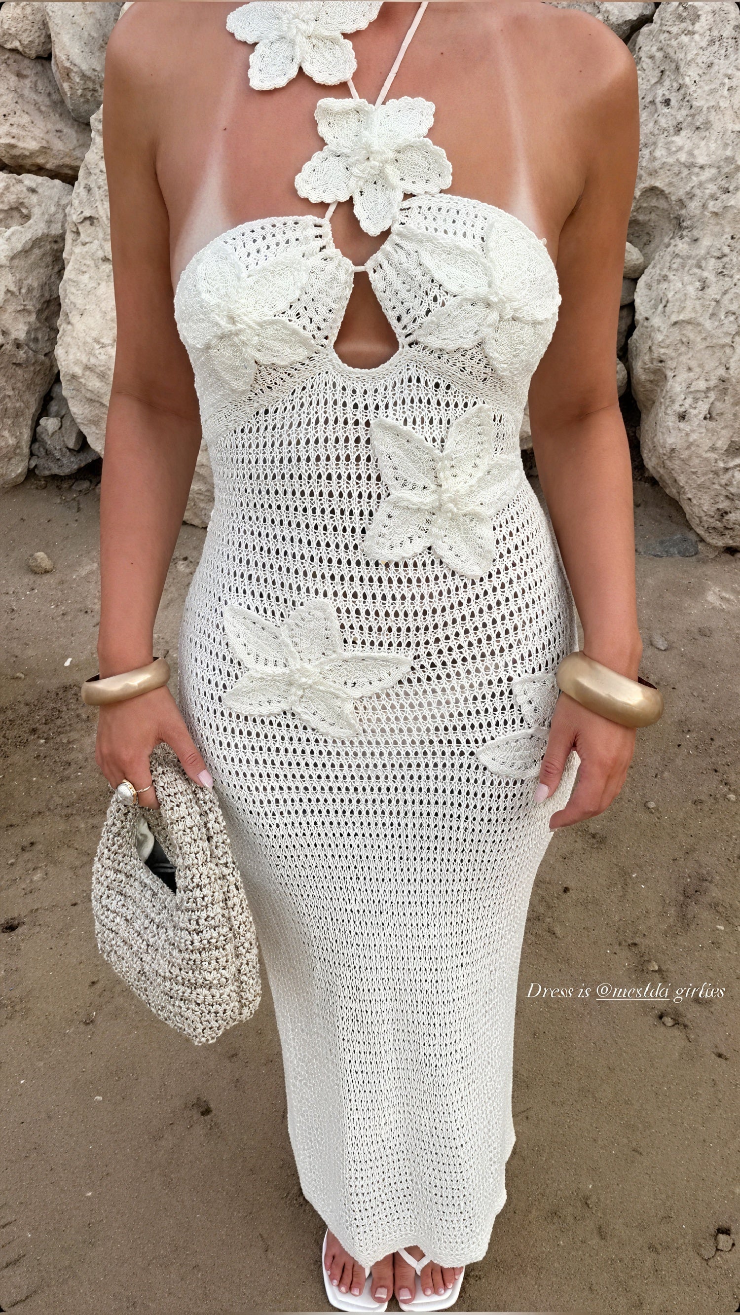 Women's Crocheted Halter Neck Dress – Floral Applique, Bohemian Style-83837-4faeef1a-f98e-42aa-8342-bfe314555931