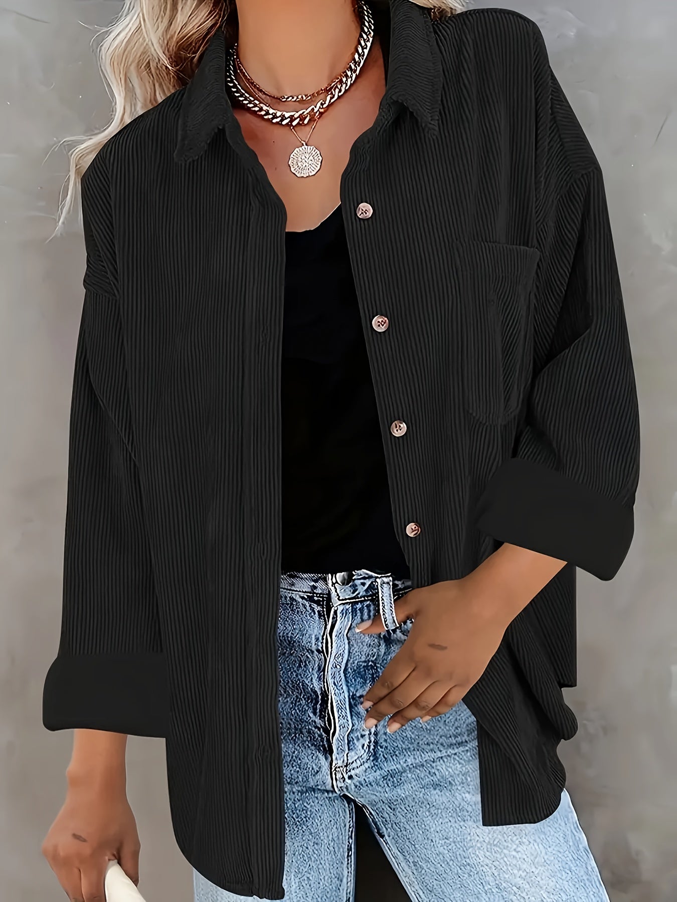 Women's Corduroy Button-Down Shirt-Jacket – Relaxed Fit, Chest Pocket, Beige, Brown, Pink, Black, Red, Teal-81390-9797c90c-79f2-42a9-ac12-0e1cb8b41852