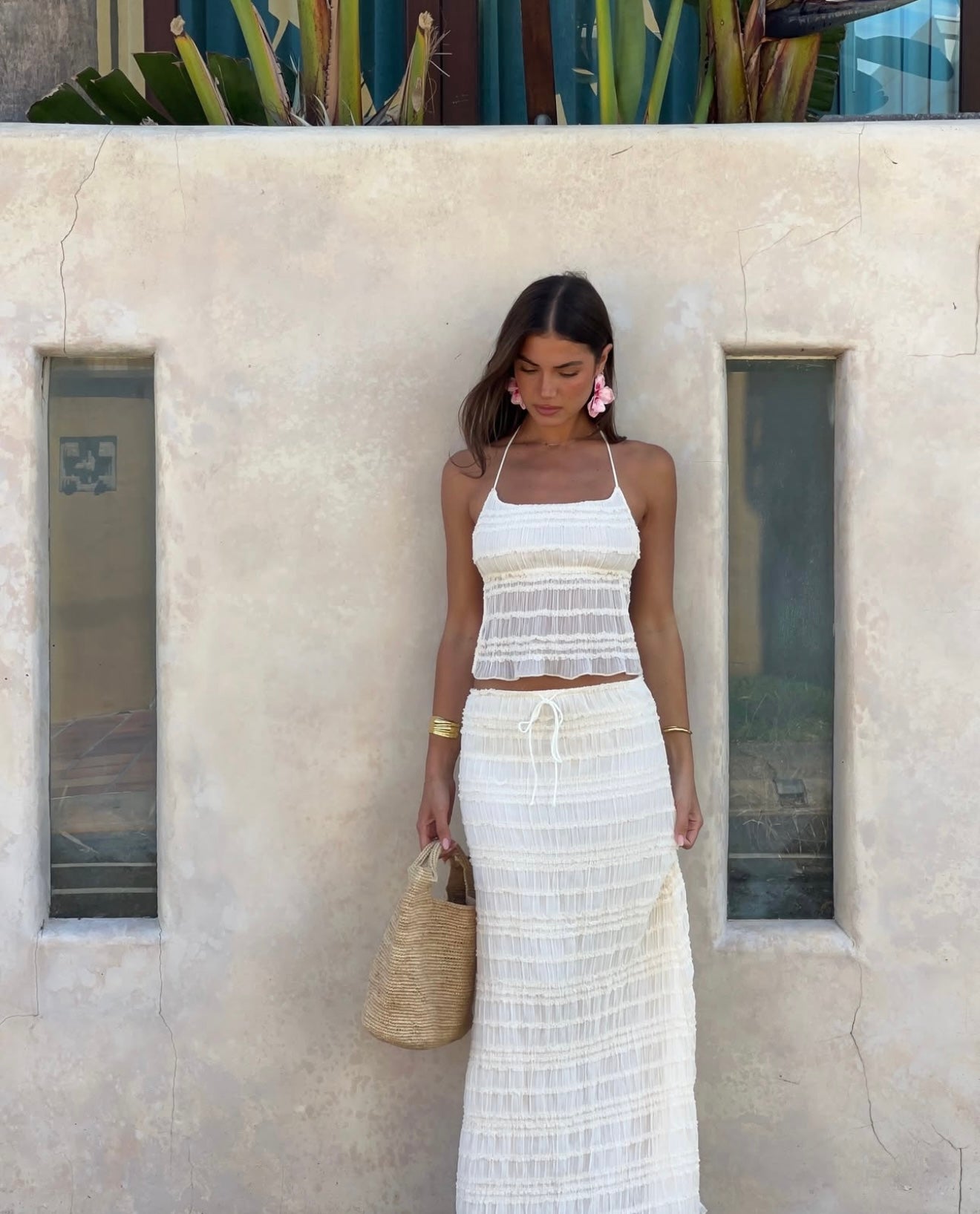 Women's Two-Piece Outfit – Gathered Halter Top, Midi Skirt, Drawstring Waist-83709-9c1670c4-0d8c-4203-ae15-60df4aa98122