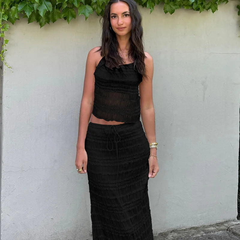 Women's Two-Piece Outfit – Gathered Halter Top, Midi Skirt, Drawstring Waist-83709-9c3963aa-24fb-46ce-80dd-38ea5f0c46b3