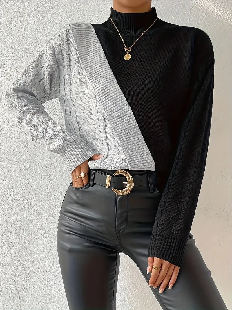 Women's Sweater – Color Block Cable Knit Turtleneck Style-54586-1de2af94-c89d-4057-9082-9007e22d5d9f