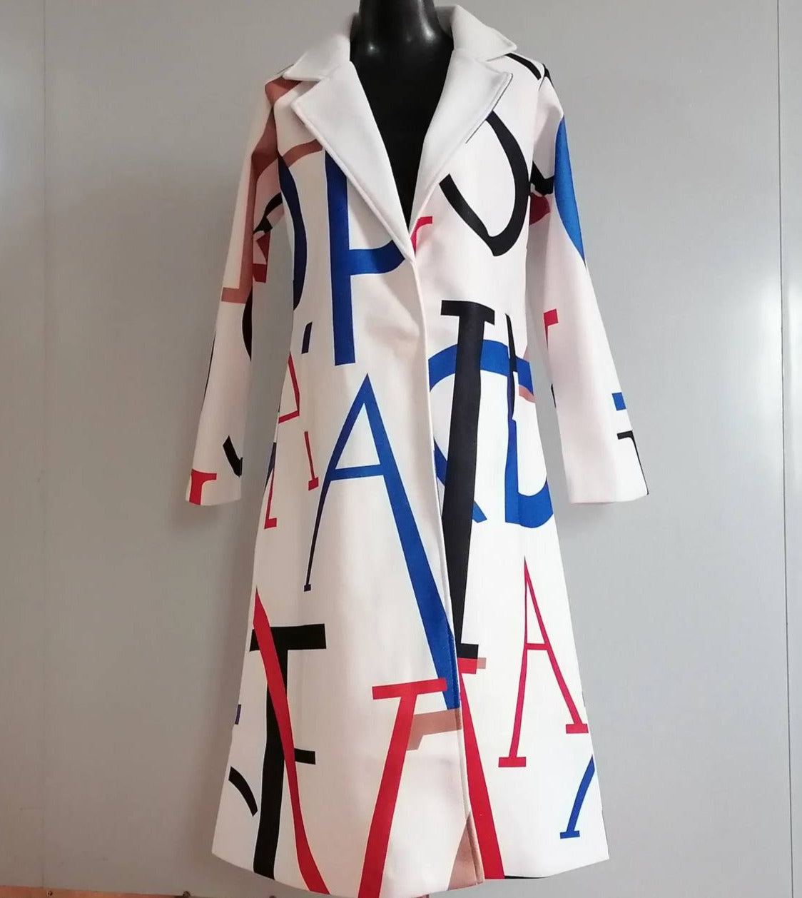 Women's Long Coat – Cream Wool Blend, Bold Lettering, Relaxed Fit-55072-59499662115159