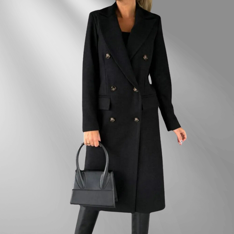 Women's Double-Breasted Wool Blend Coat – Tailored Fit, Notched Lapel, Gray, Camel, Black-55035-59519544426839