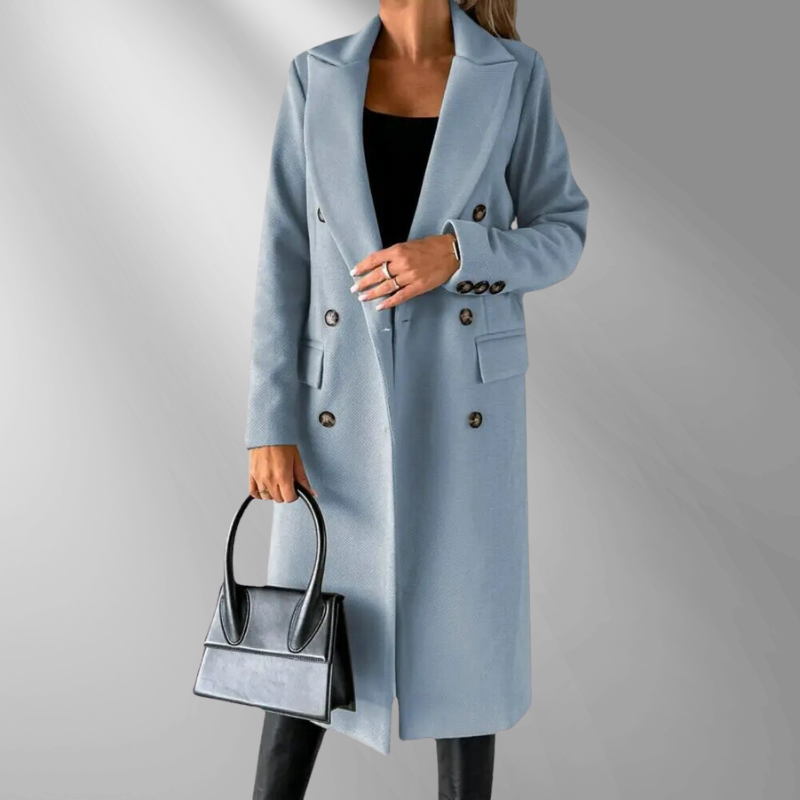 Women's Double-Breasted Wool Blend Coat – Tailored Fit, Notched Lapel, Gray, Camel, Black-55035-59519544492375