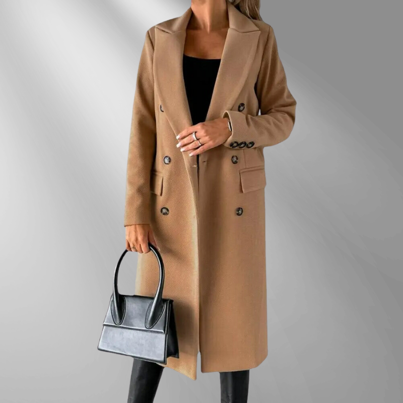 Women's Double-Breasted Wool Blend Coat – Tailored Fit, Notched Lapel, Gray, Camel, Black-55035-59519544525143
